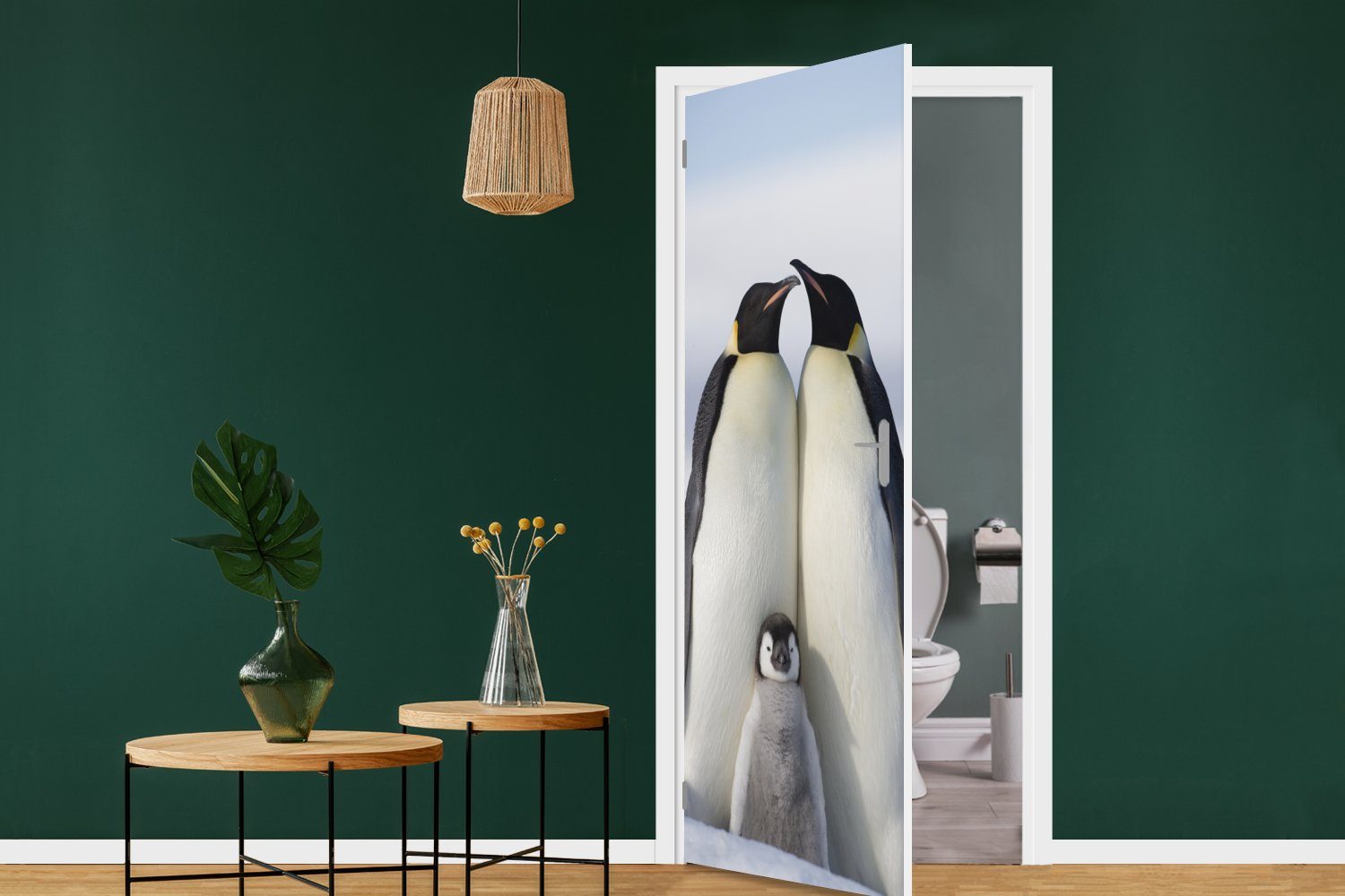 Türtapete - Familie cm Türaufkleber, für Tür, Matt, - Pinguin Fototapete bedruckt, 75x205 St), MuchoWow Schnee, (1