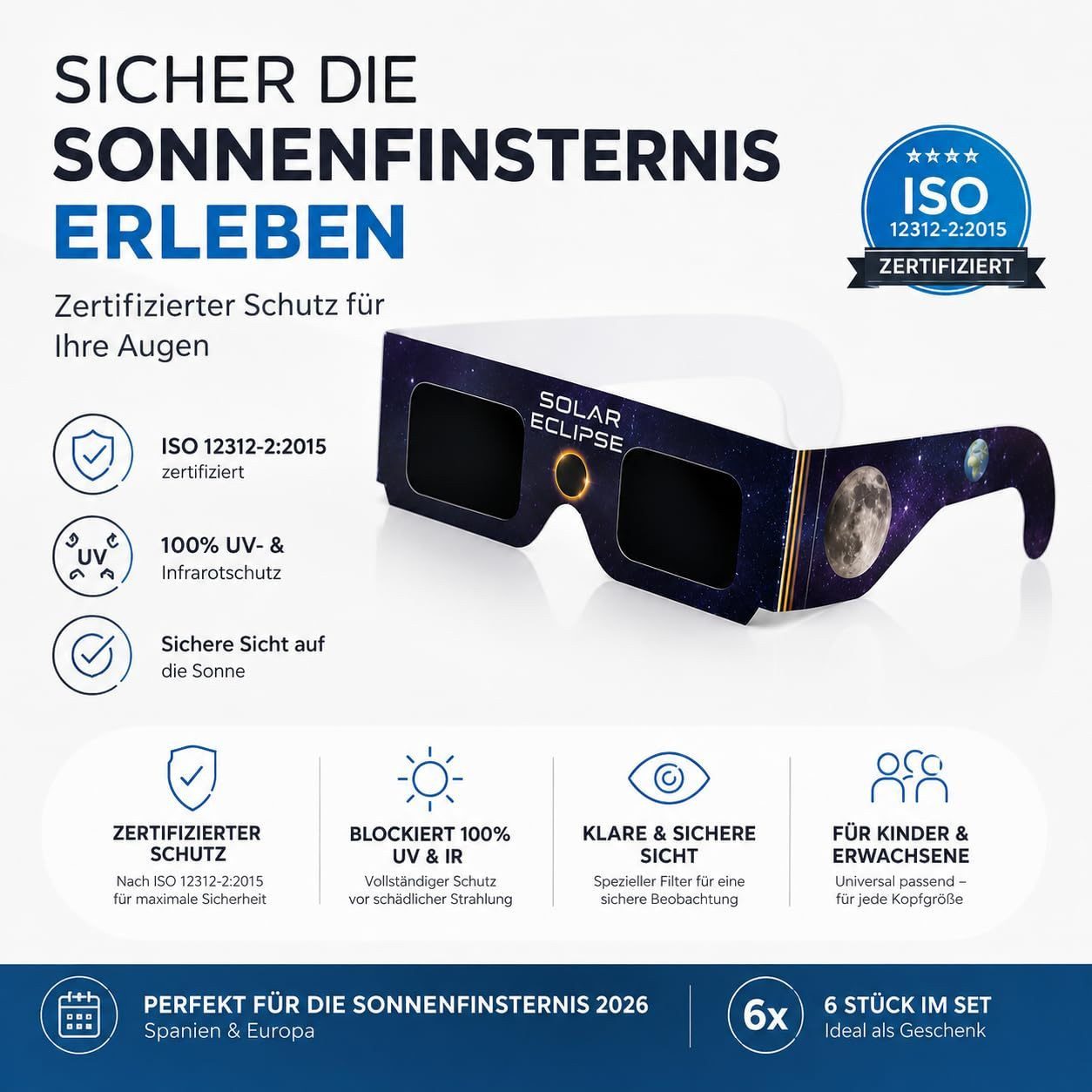 TK Gruppe Arbeitsschutzbrille 6x Sonnenfinsternis Brille ISO 12312-2 zertifiziert – Schutzbrille, (6St)