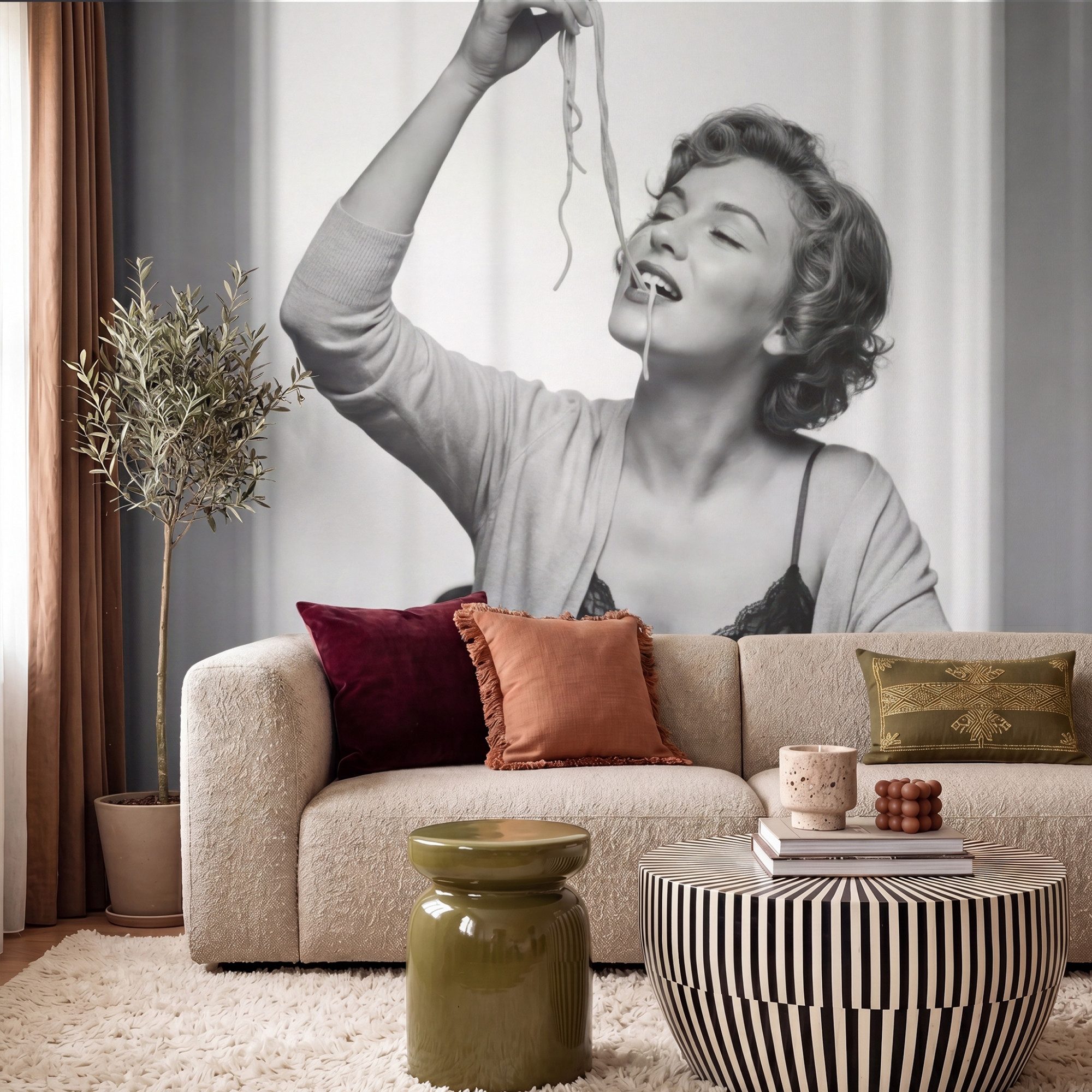 OnlyWow Fototapete Frau - Spaghetti - Schwarz - Weiß, Matt, bedruckt, Wanddekoration, Wandtapete, Schlafzimmer 260x220cm