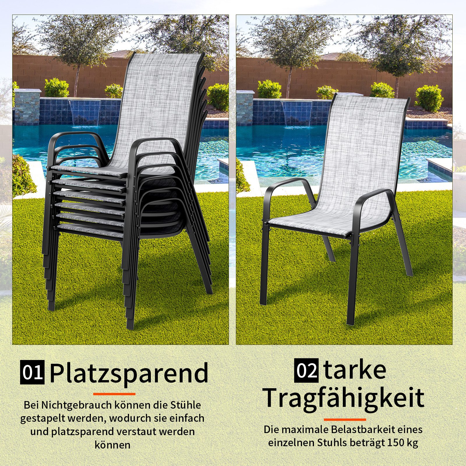 TLGREEN Stapelstuhl Gartenstühle Stapelstuhl,Camping Stapelbar Hochlehner, (Terrassenstuhl Textilene Stahlgestell für Gärten Innenhöfe Balkone Restaurants, 6 St – Bild 5 von 5