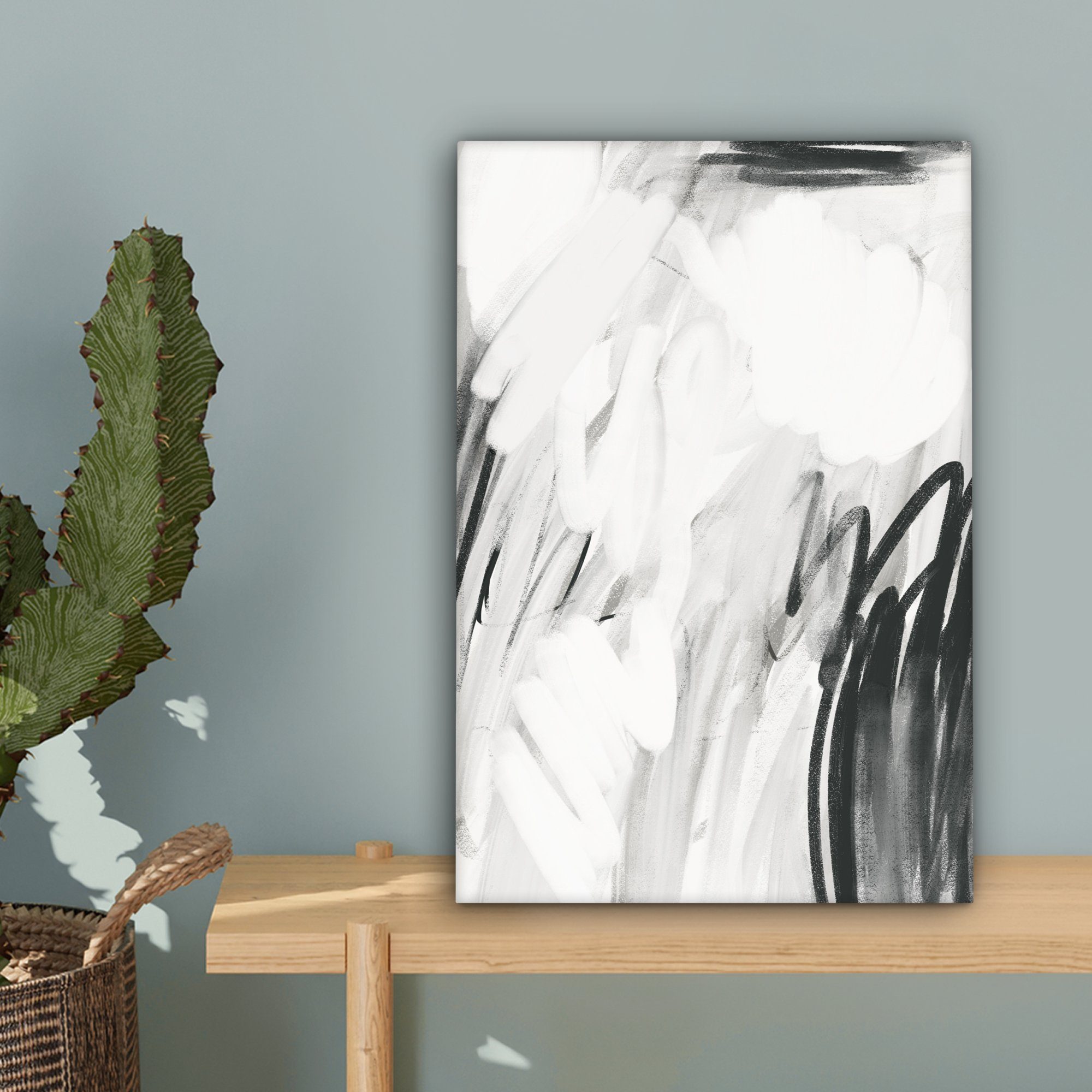 20x30 Leinwandbild cm Weiß Zackenaufhänger, Gemälde, (1 - - St), - Schwarz Grau, bespannt inkl. OneMillionCanvasses® Kunst Leinwandbild fertig