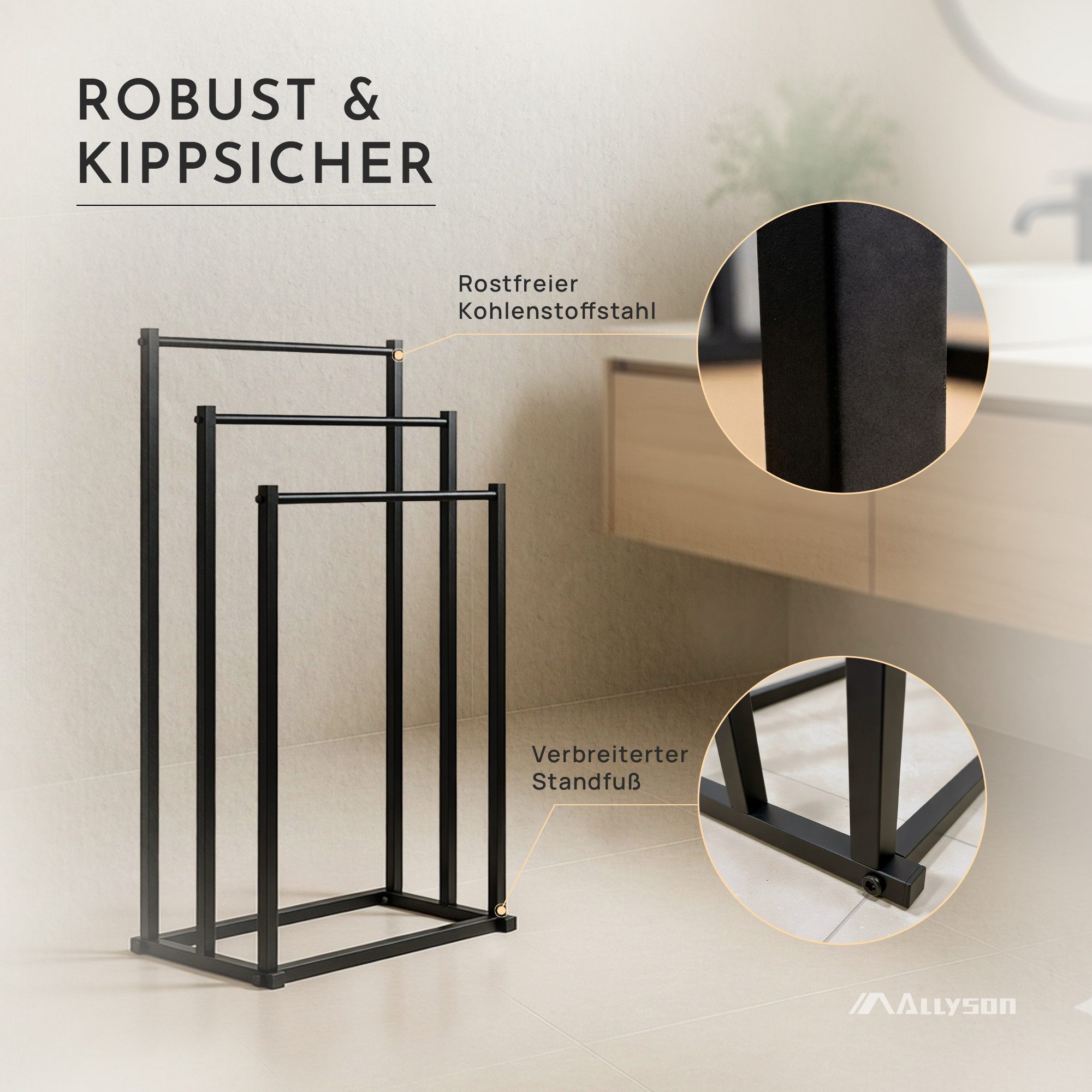 Allyson Handtuchhalter Freistehender Badetuchhalter Ohne Bohren in Schwarz, 3-Stangen-Design, rostbeständiger Karbonstahl, rutschfeste Basis.
