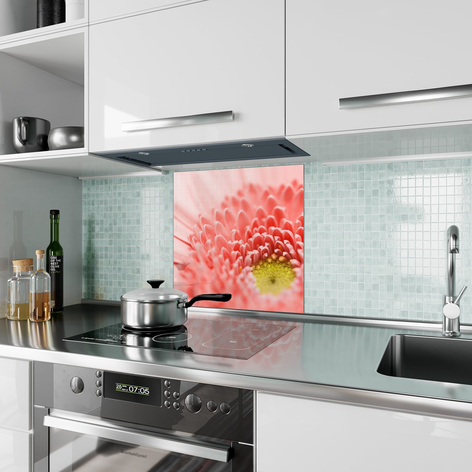 Glas Küchenrückwand mit Primedeco Korallblume Motiv Spritzschutz Küchenrückwand