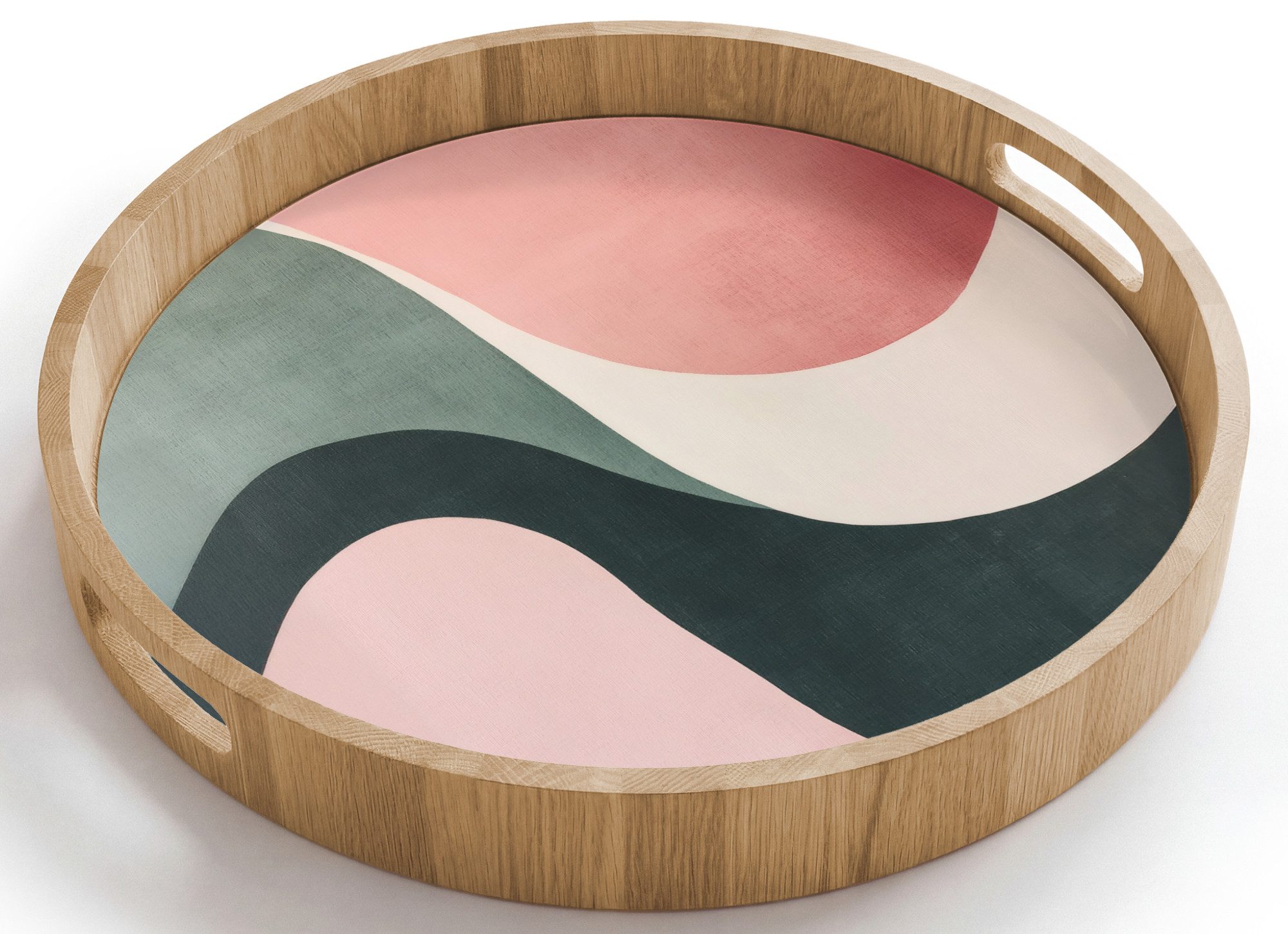 OnlyWow Tablett Rund mit Henkel Abstrakt - Wellen - Elegant - Rosa, Eichenholz, (1-tlg), Siervierplatte, Tray, Frühstücksbrett