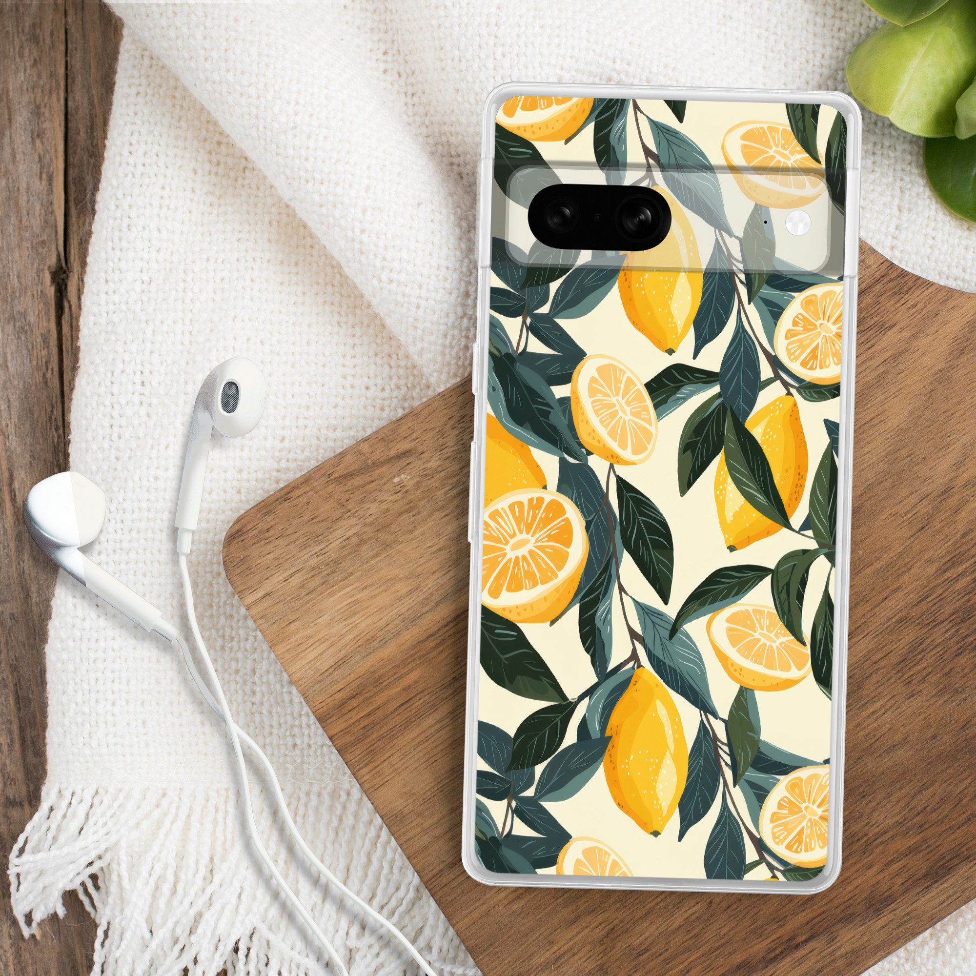 MuchoWow Handyhülle für Google Pixel 7 Zitronen - Früchte - Blätter - Gelb - Grün - Beige, Phone Case, Silikon, Schutzhülle Dünn