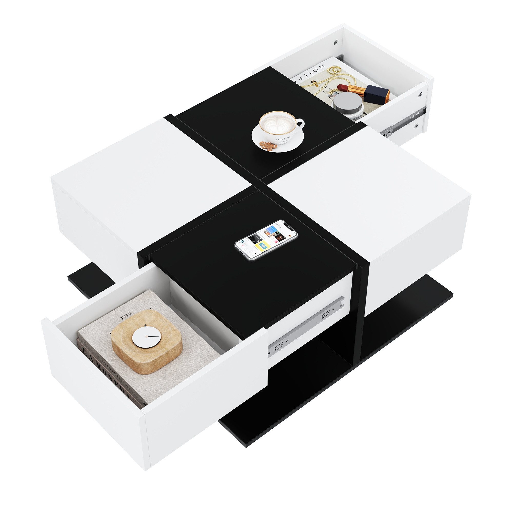 Refined Living Couchtisch Hochglanz-Couchtisch einzigartige Farbabstimmung und Liniendesign (moderner Sofatisch Wohnzimmertisch 70*70*35.5cm, 1-St., Beistelltisch mit geometrische Design), Tisch mit 2 Schubladen, mit versteckten Schubladen, Stauraum unten.
