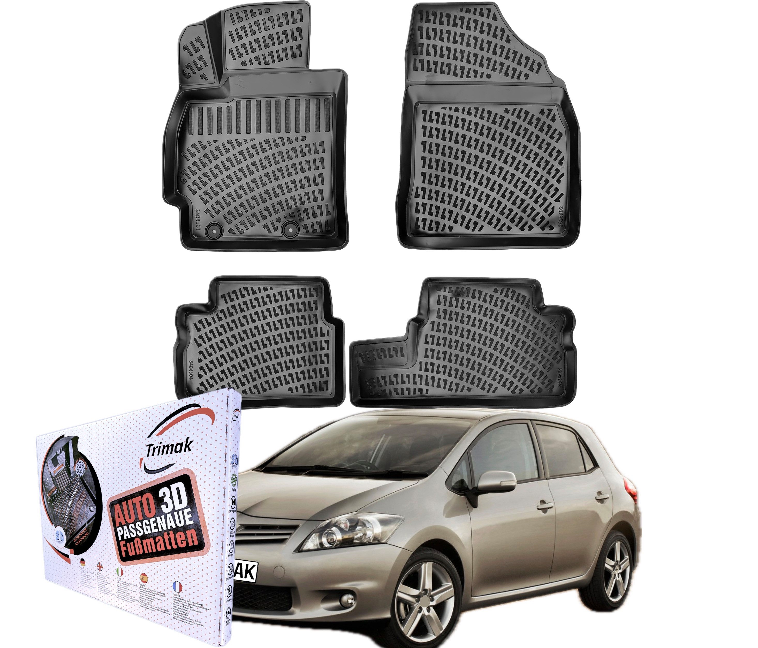 Trimak Passform-Fußmatten Oder Kofferraumwanne Oder Set für Toyota Auris, Toyota Auris 1. Gen. E150 2006-2012 Gummimatten Auto TPE Allwetter