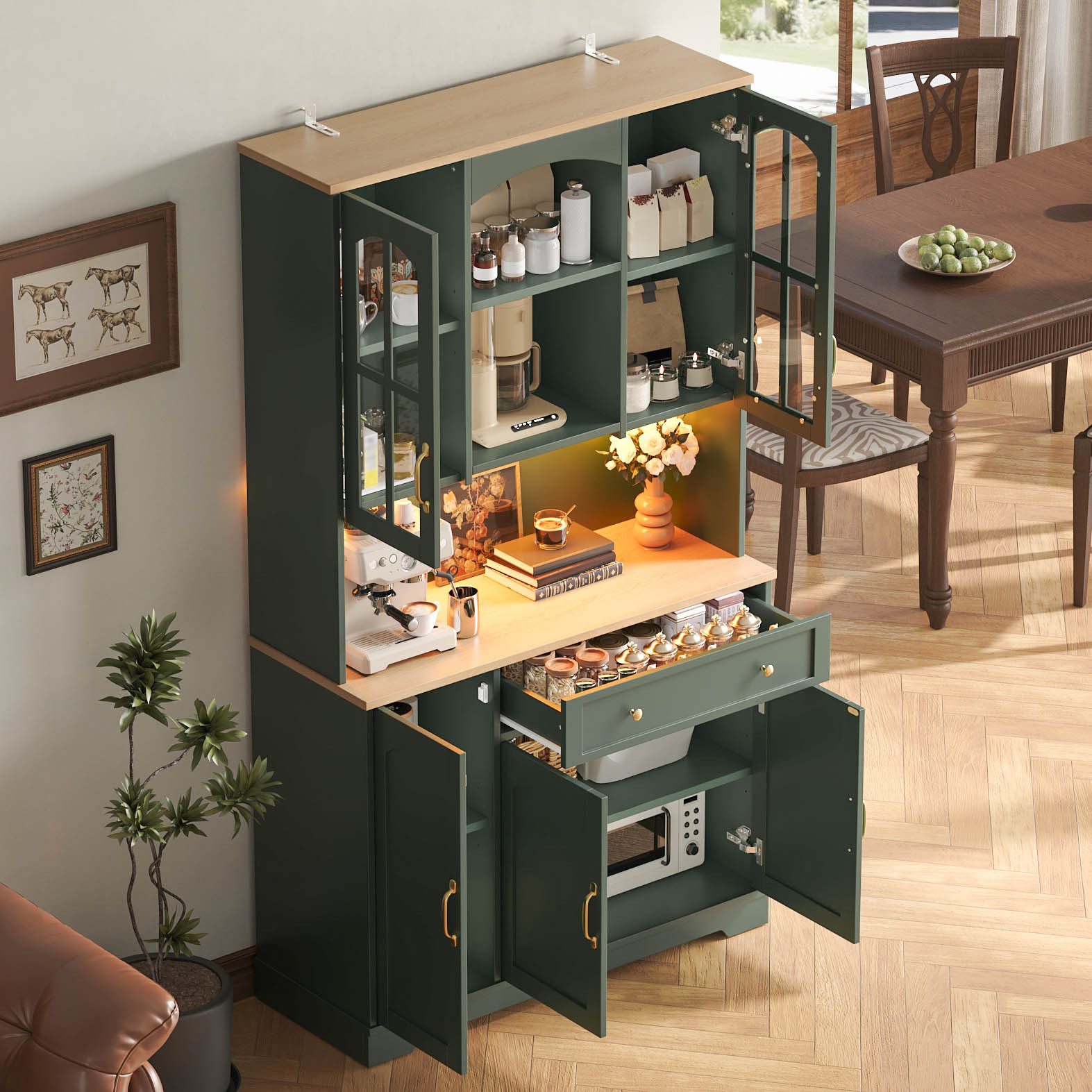 Flieks Küchenbuffet Retro Hochschrank Glasvitrine mit Arbeitsplatte Natur, LED-Beleuchtung (100x38x178 cm, 1-St) Multifunktionsschrank Vorratsschrank mit Glastü – Bild 4 von 5