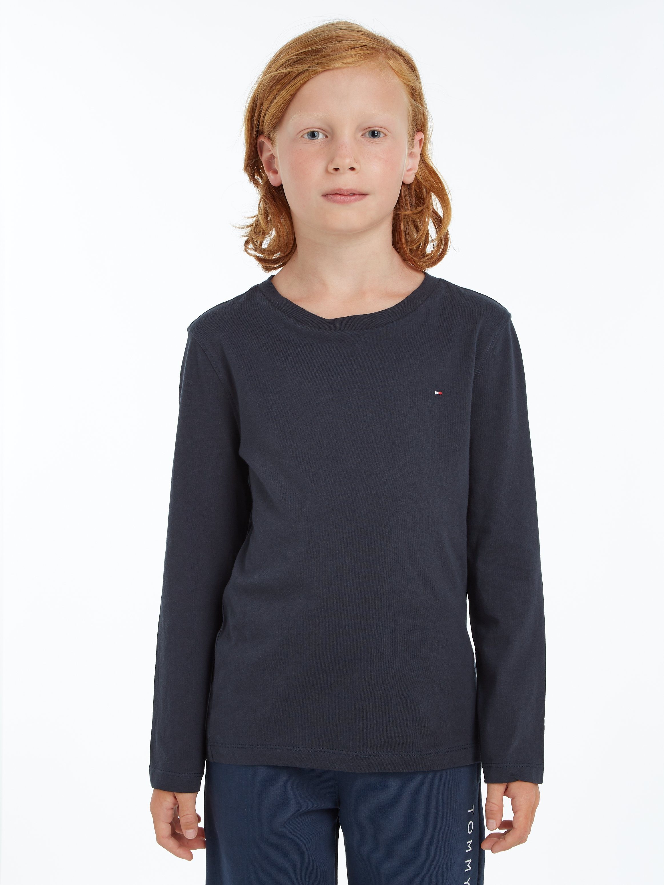 Tommy L/S mit Hilfiger Hiflger BOYS BASIC Langarmshirt KNIT Logo-Flag Tommy CN Sky_Captain