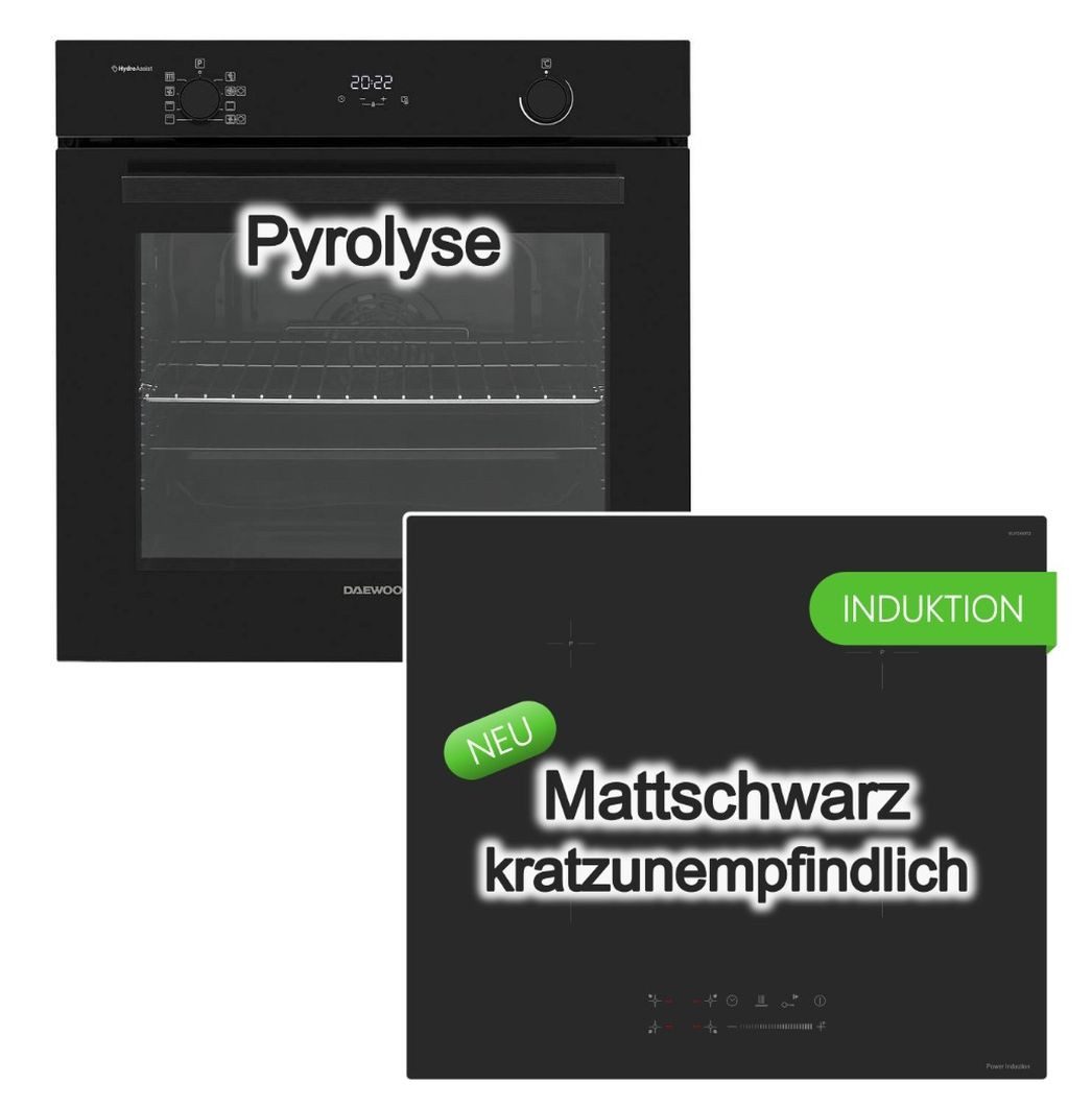 Daewoo Backofen-Set Daewoo Backofen Pyrolyse+keenberk Induktionskochfeld MattBlack Booster, Pyrolyse-Selbstreinigung
