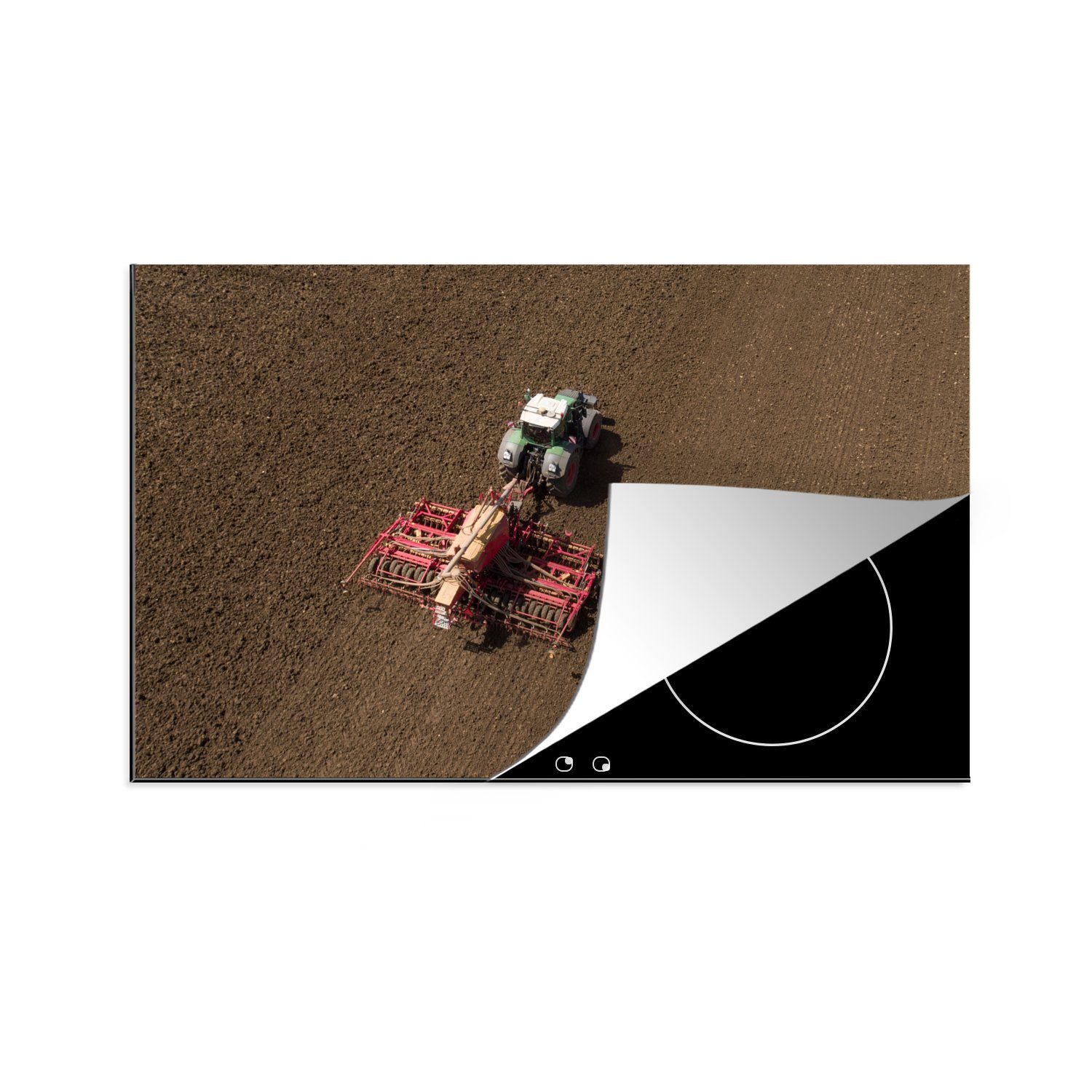 MuchoWow Herdblende-/Abdeckplatte Ein grüner Traktor mit einem roten Pflug, Vinyl, (1 tlg), 83x51 cm, Ceranfeldabdeckung, Arbeitsplatte für küche