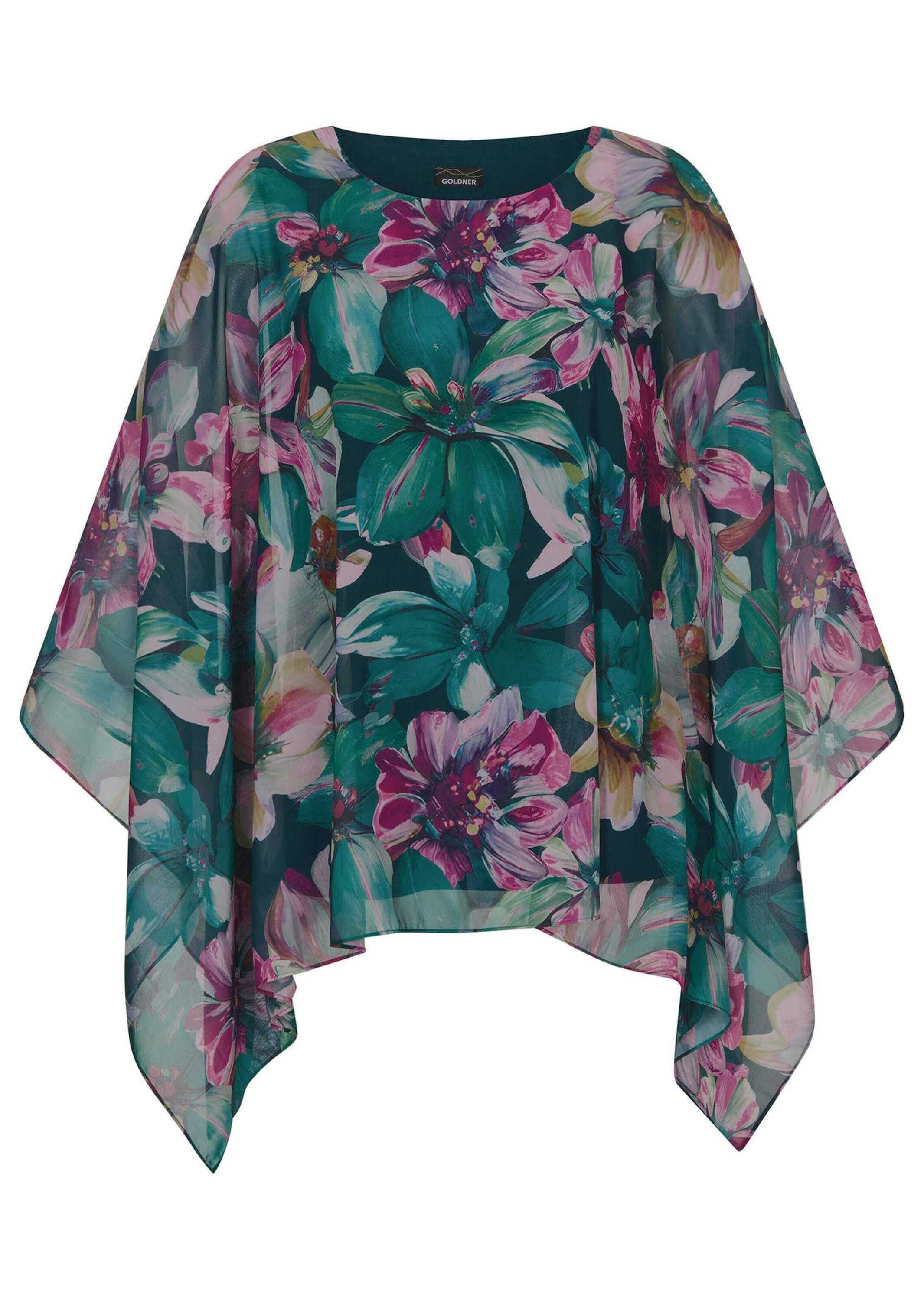 GOLDNER Tunika Elegantes Blusenshirt, florales Design Jerseyshirt mit Chiffon-Überwurf, U-Boot-Ausschnitt und 3/4-Arm