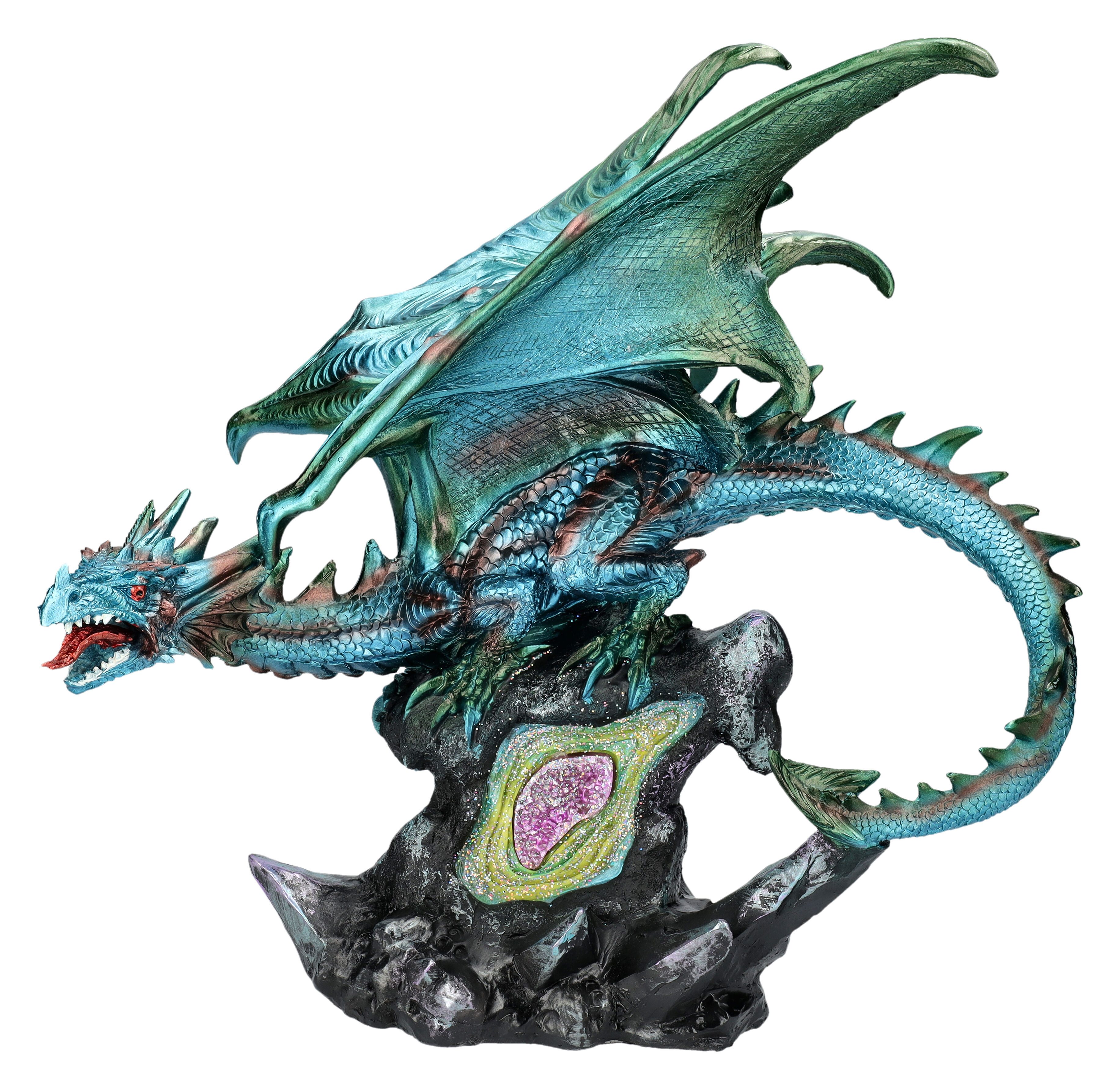 Figuren Shop GmbH Dekofigur Drachenfigur auf Geodenstein - Fantasy Dekofigur Drache Dekoration