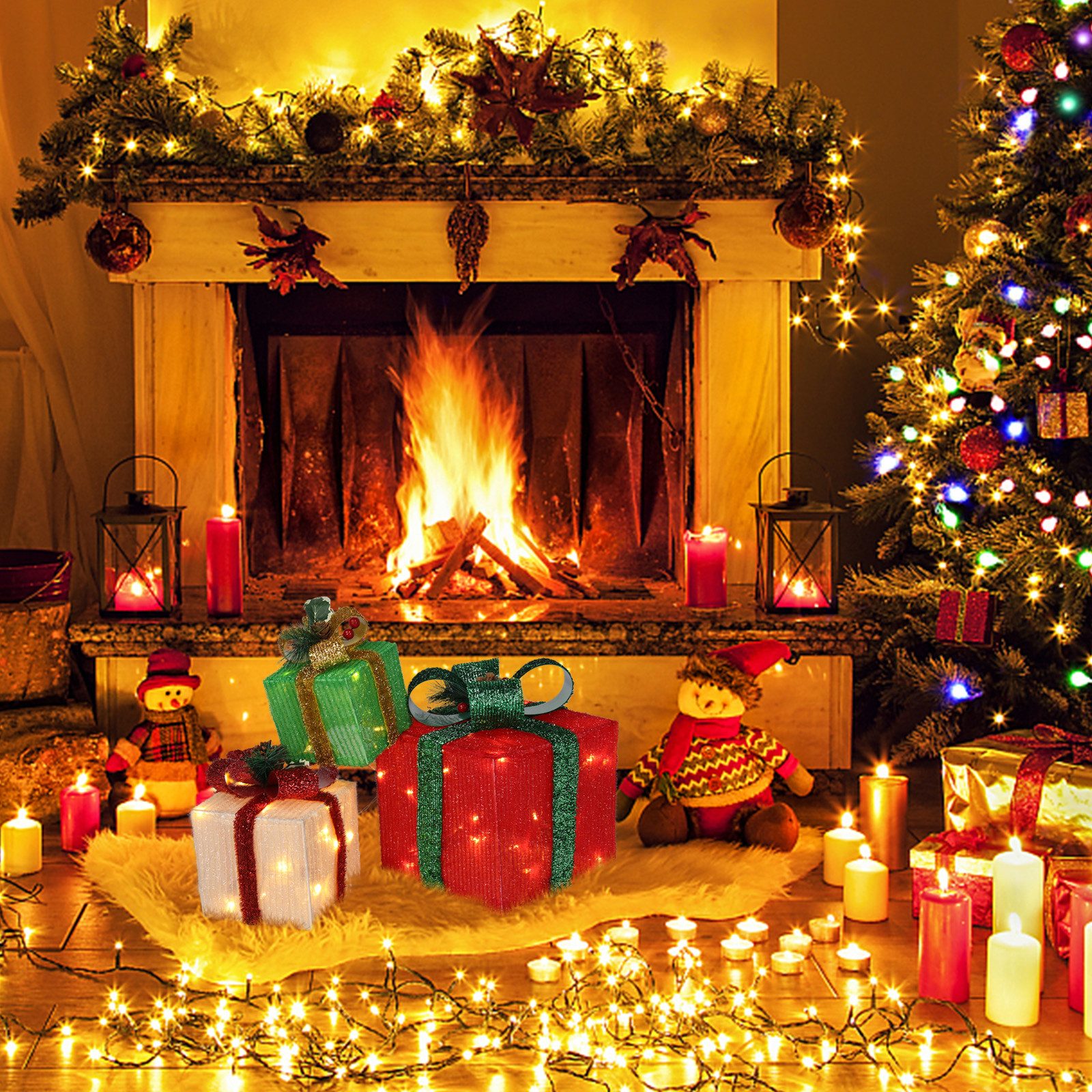 LALAHO LED Dekolicht LED Geschenkbox Weihnachtsdeko 3er Set, mit 60 warmweißen LEDs Weihnachtsdeko beleuchtete 20/13.5/11 cm – Bild 4 von 5