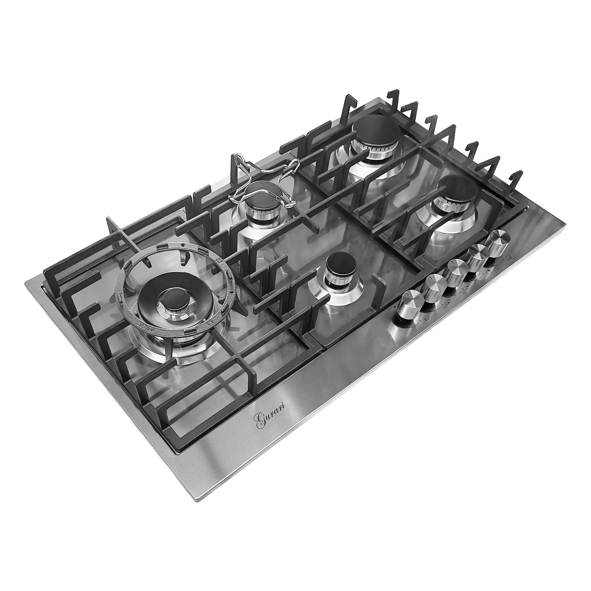 GURARI Gas-Kochfeld GCH FG 905 VPGL WOK Adapter+Kaffeadapter, 90 cm, Edelstahl, 4,0 KW WOK, 5 Gasbrenner,Erdgas, FL.Gas