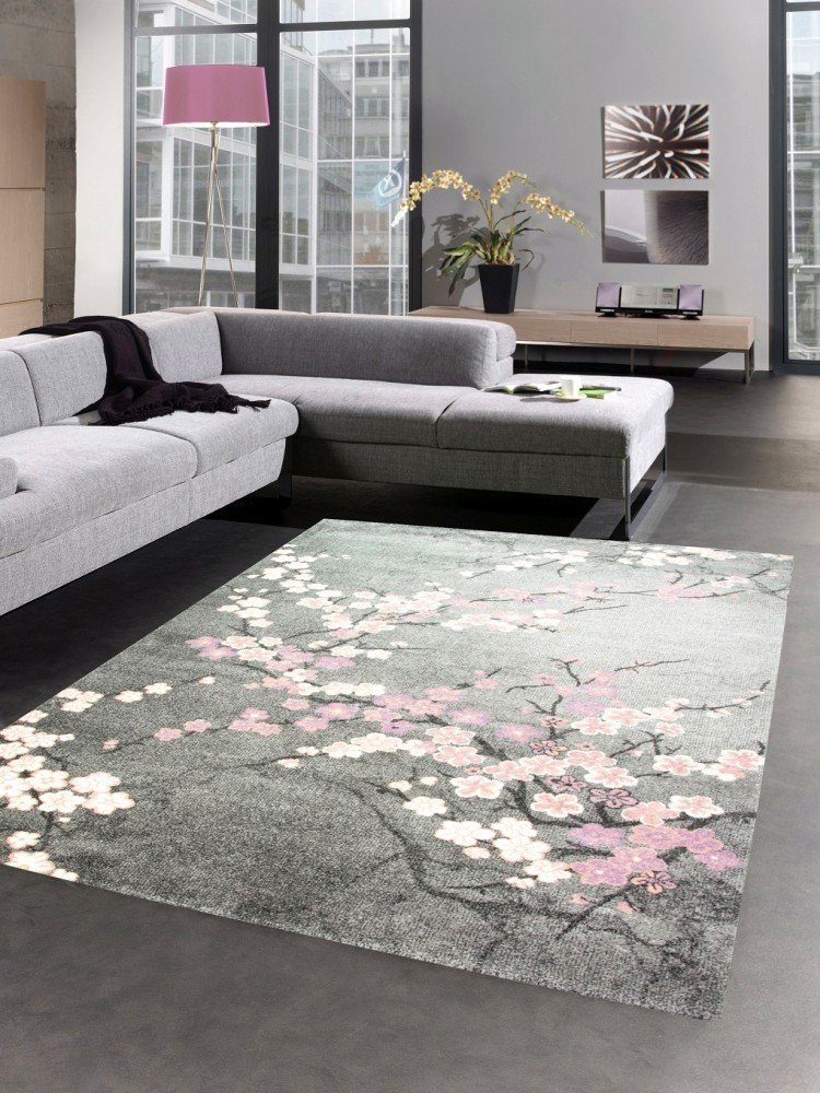 Teppich Teppich modern Wohnzimmerteppich Blumen rosa grau, Carpetia, rechteckig