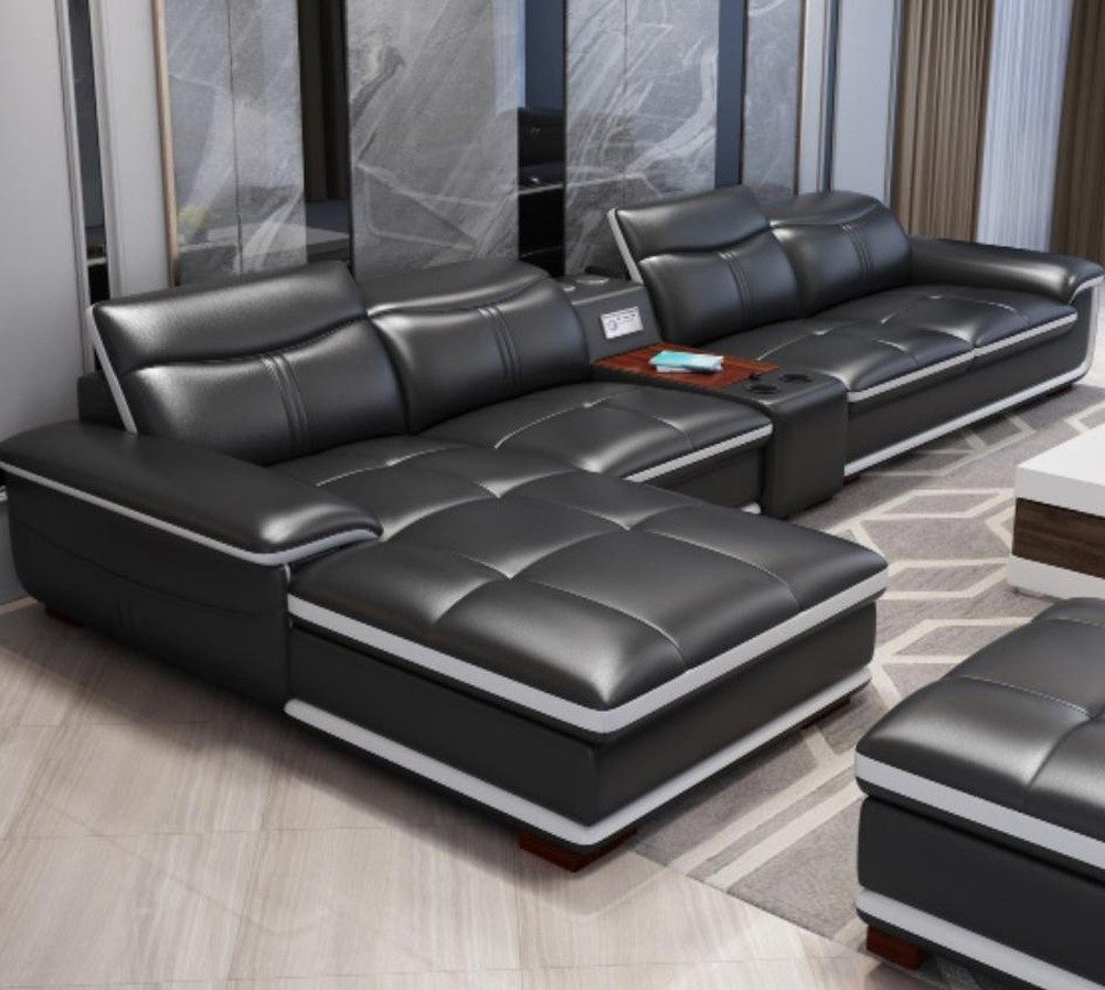 JVmoebel Ecksofa Luxus Ecksofa in Schwarz aus Kunstleder und Holz, 1 Teile, Made in Europa