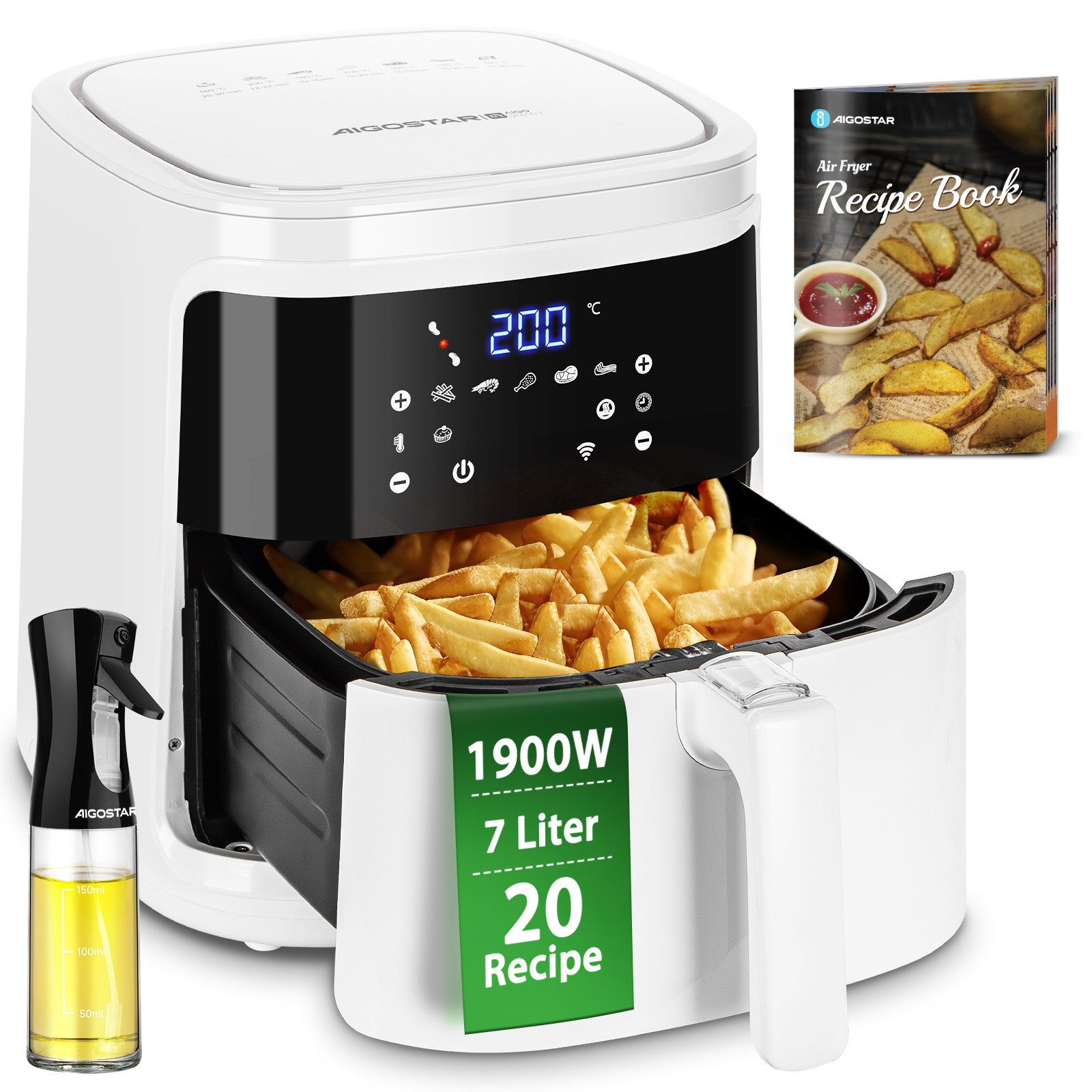 Aigostar Heißluftfritteuse 7L, LED-Touchscreen, 7 Programme, 20 Rezepte, DIY-Menü, 1900,00 W, Steuerung mit App und Wifi, Großes Fassungsvermögen, 95% weniger Öl