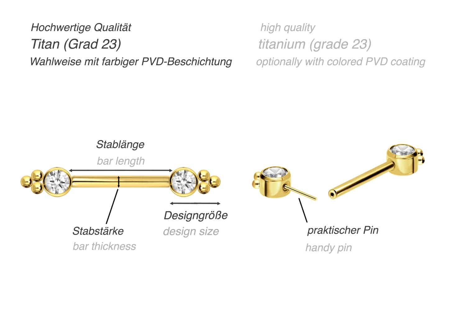 PIERCINGLINE Brustwarzenpiercing Titan Barbell mit Push Fit KRISTALL + KUGELDREIECK (Barbells, 1-tlg)