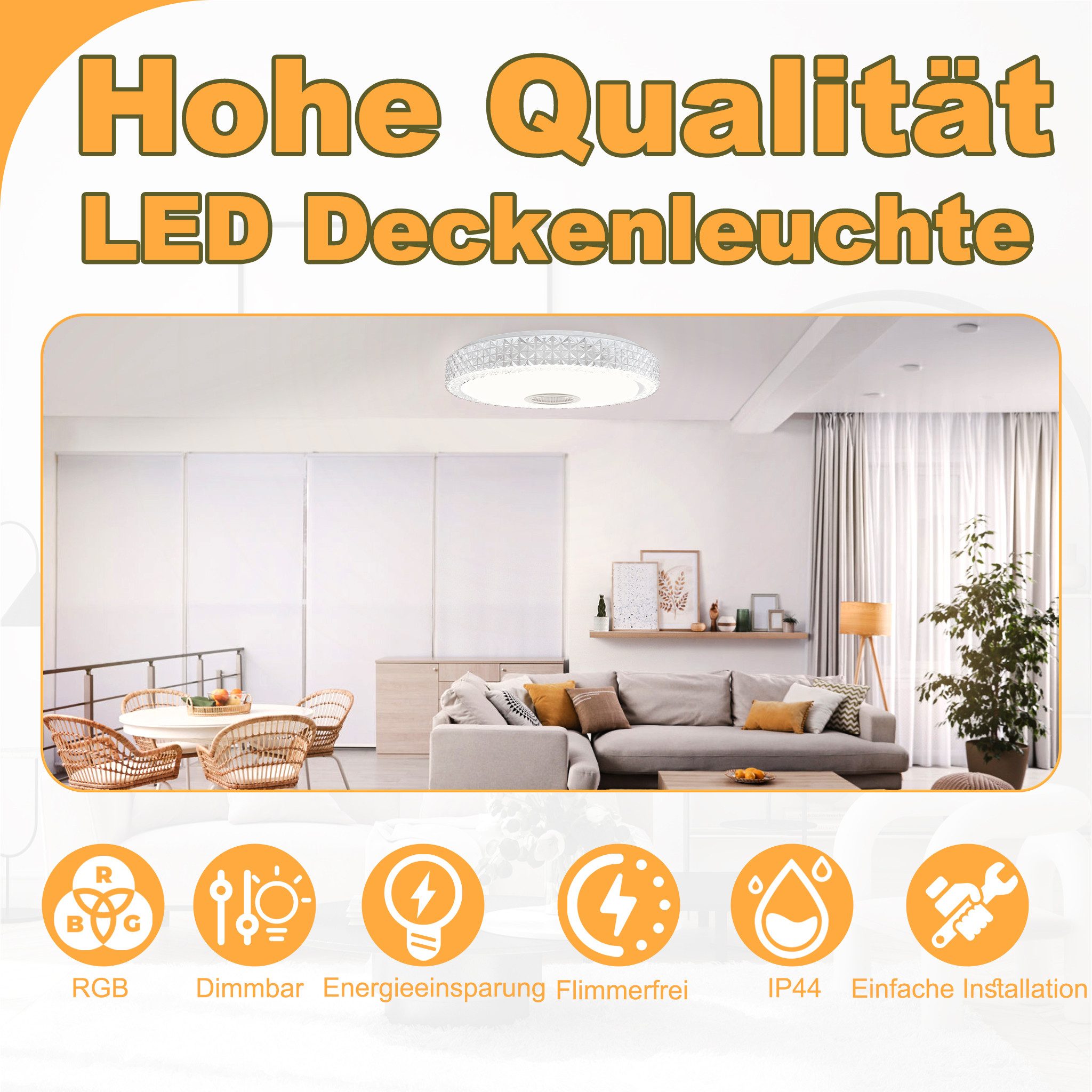 FIVMEN LED Deckenleuchte LED Deckenleuchte Dimmbar Farbwechsel mit Fernbedienung, Deckenlampe Sternenhimmel mit Bluetooth Lautsprecher & APP-Steuerung