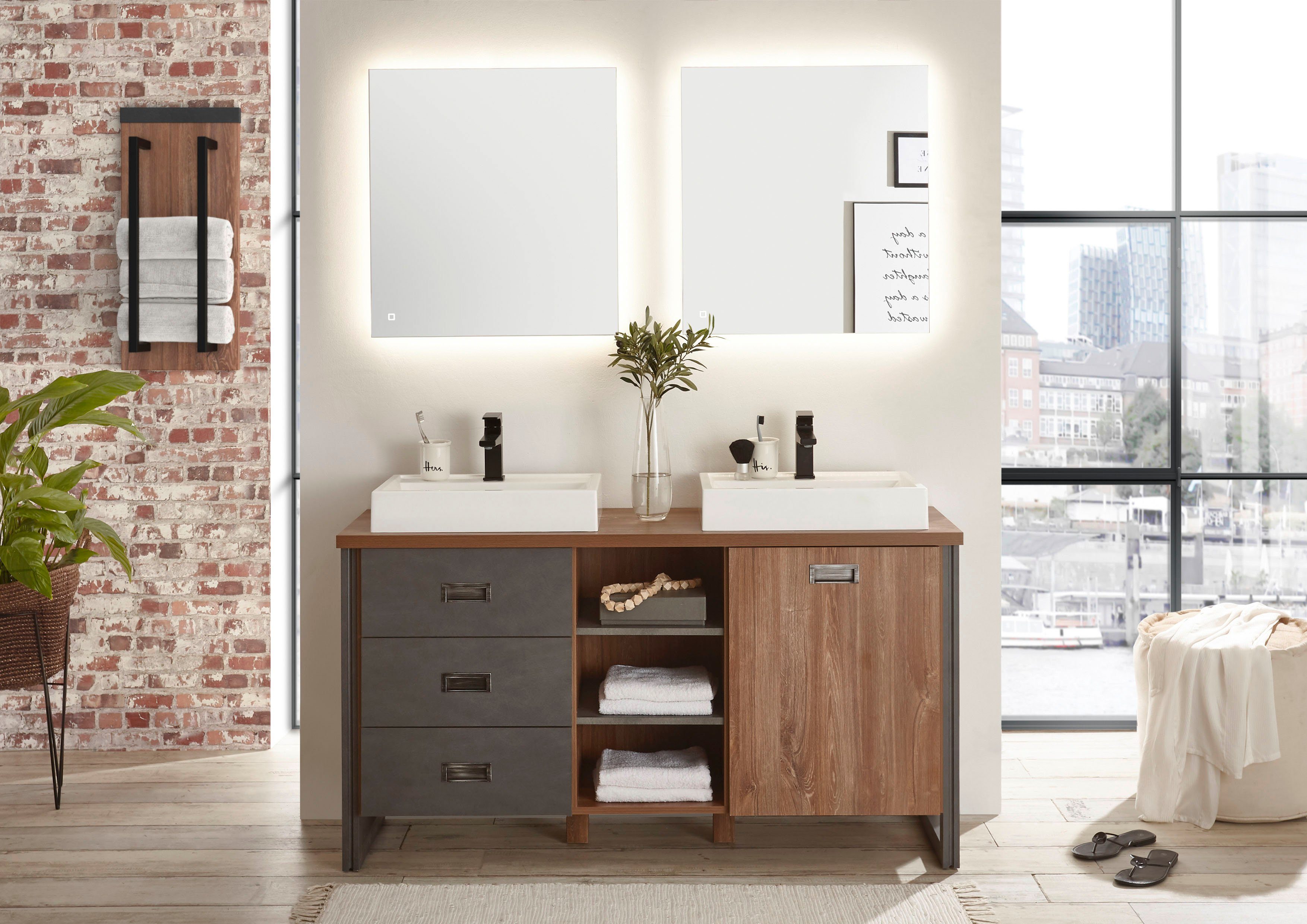 Home affaire Badmöbel-Set Detroit, Bad im Industrialdesign, inkl. LED, 2-teiliges Badezimmer, (3-St), Waschtisch und Spiegel, inkl. zwei Aufsatzwaschbecken aus Mineralguss