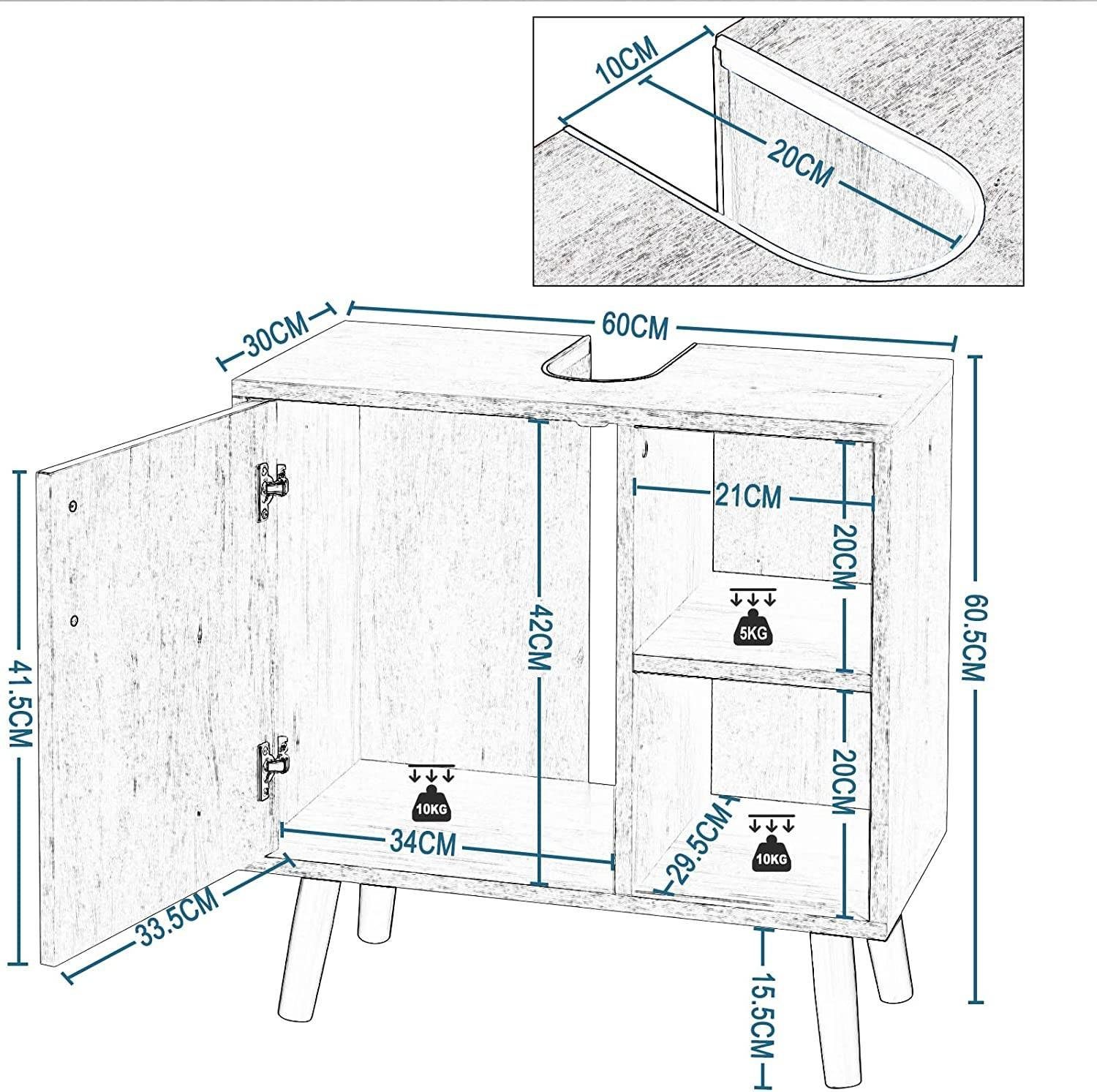 Waschbeckenunterschrank mit offenen Holz 2 (1-St) Ablagen, EUGAD Tür,