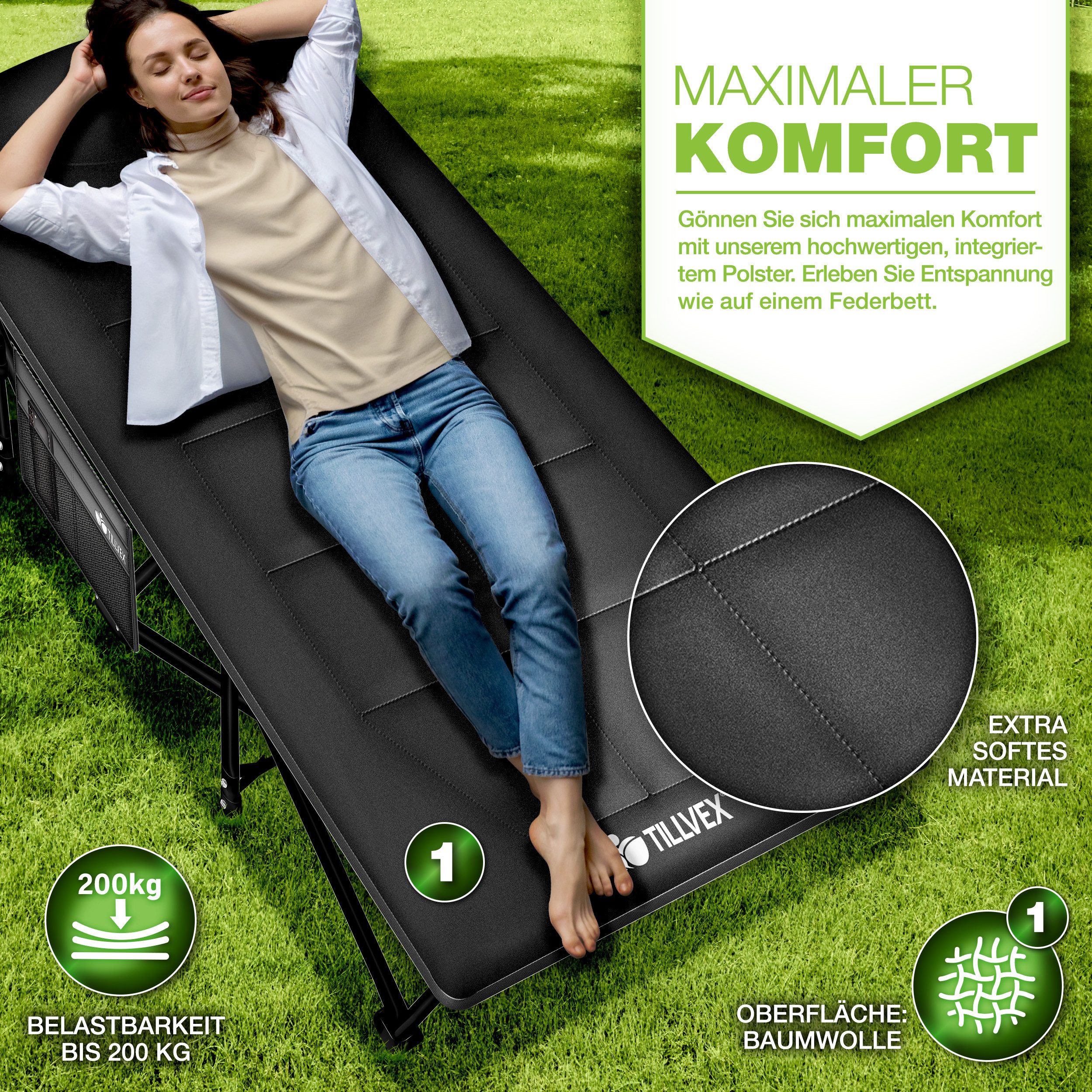 tillvex Feldbett tillvex® Campingbett klappbar mit Tragetasche, Campingliege extra (Klappbett Gästebett faltbar Garten Camping Angeln Festival Reise, Karpfenliege für Outdoor & Indoor) transportieren