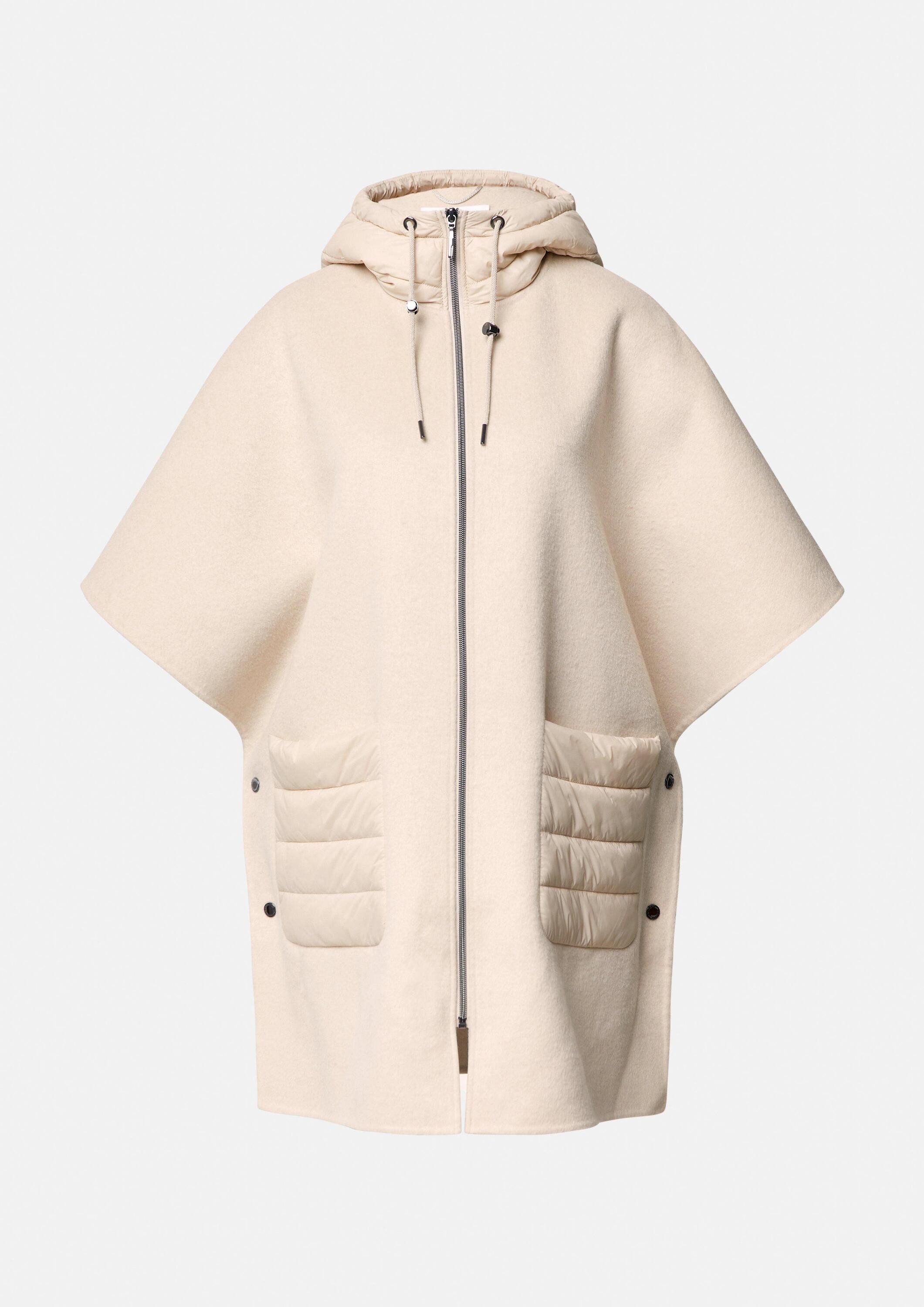 comma Poncho Outdoor-Umhang Woll-Cape mit wattierter Kapuze und aufgesetzten Taschen