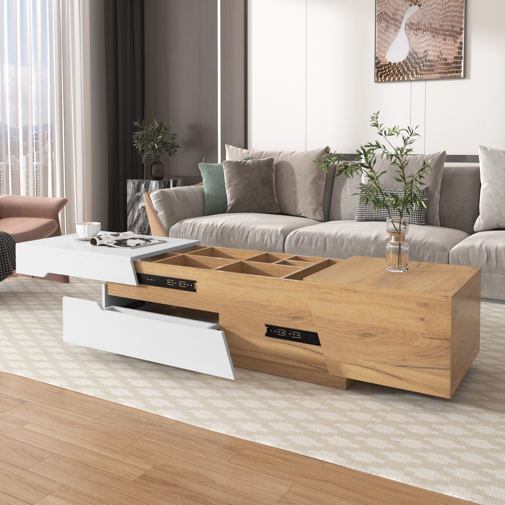 BBWL Couchtisch Modern ausziehbarer Couchtisch mit Schubladen in Weiß und Holzoptik (120x50x37.5 cm großer Wohnzimmertisch mit innovativem Schiebedesign und pra – Bild 3 von 5