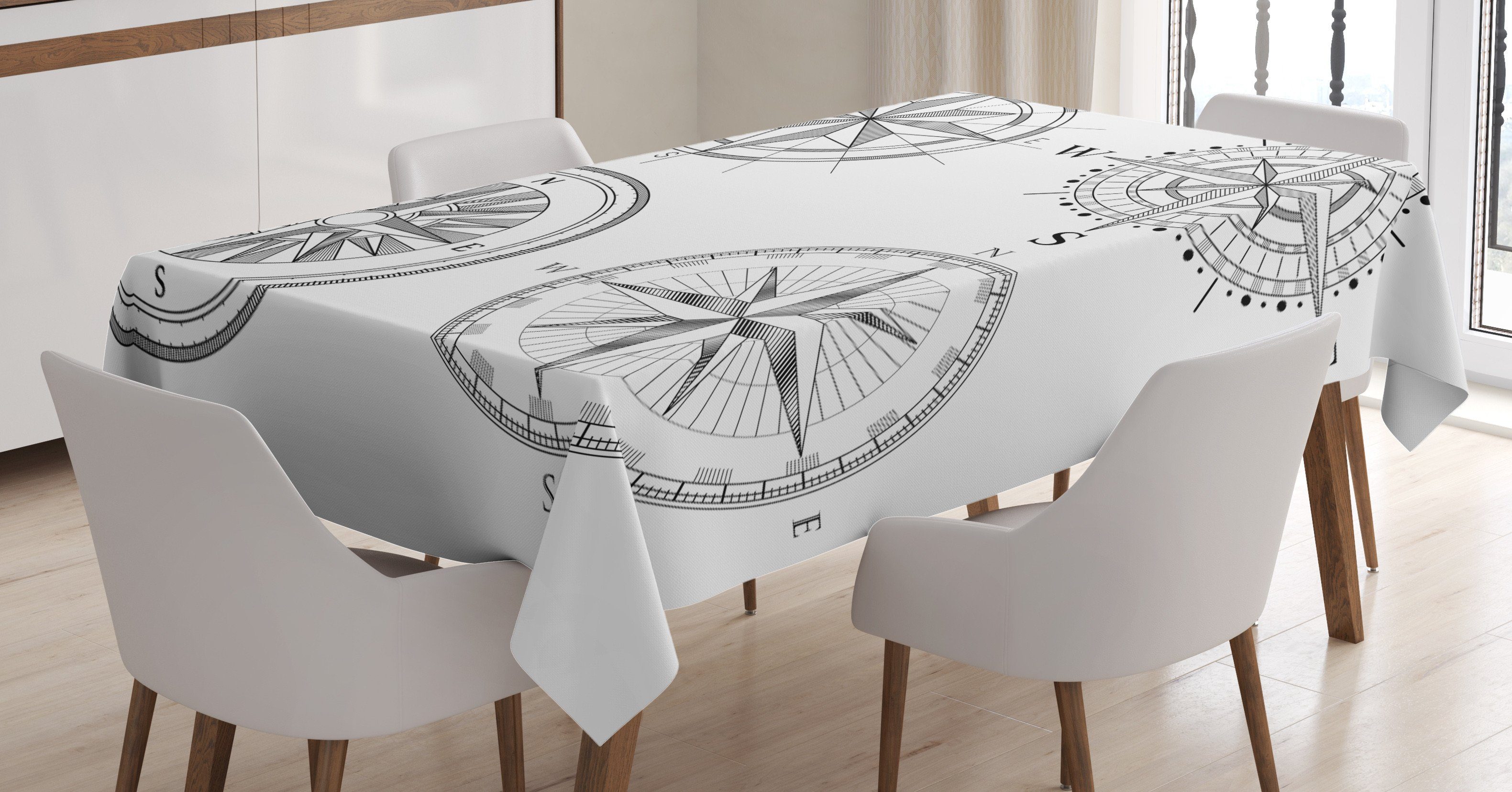 Monochrome Farben, geeignet Abakuhaus Klare Seafaring Tischdecke den Für Waschbar Bereich Außen Farbfest Kompass