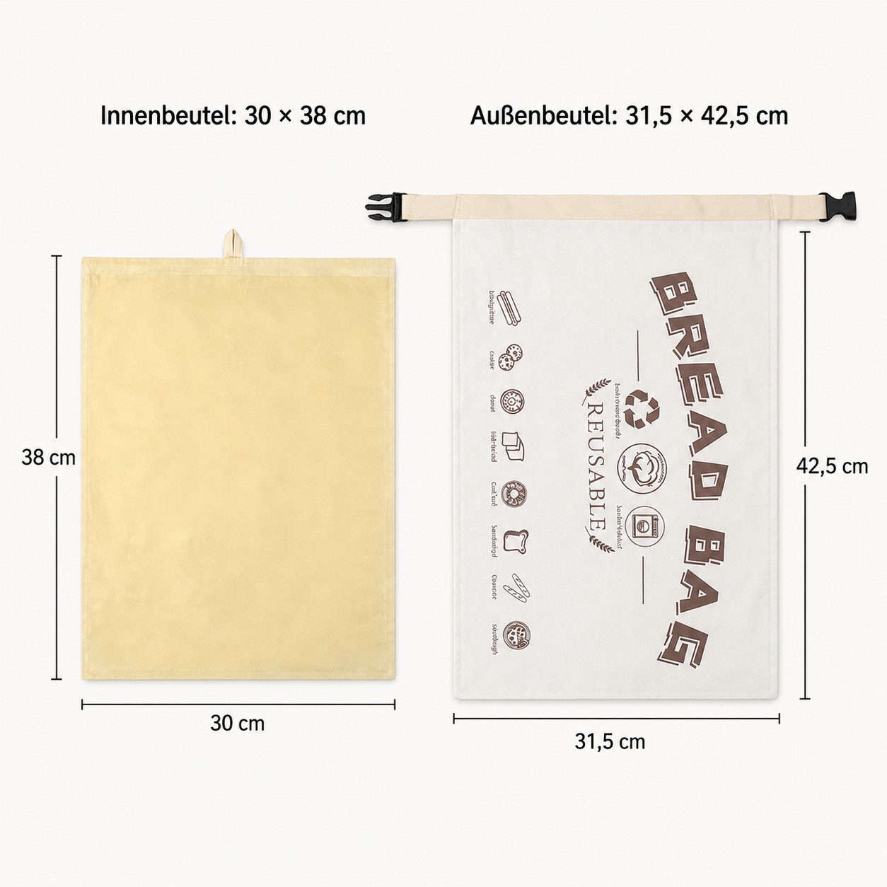JASLIFE Brottasche Bienenwachs-Brotbeutel mit Clipverschluss, (1-tlg., mit Bienenwachs-Beschichtung und Clipverschluss), mit Bienenwachs-Innenbeutel und Clipverschluss
