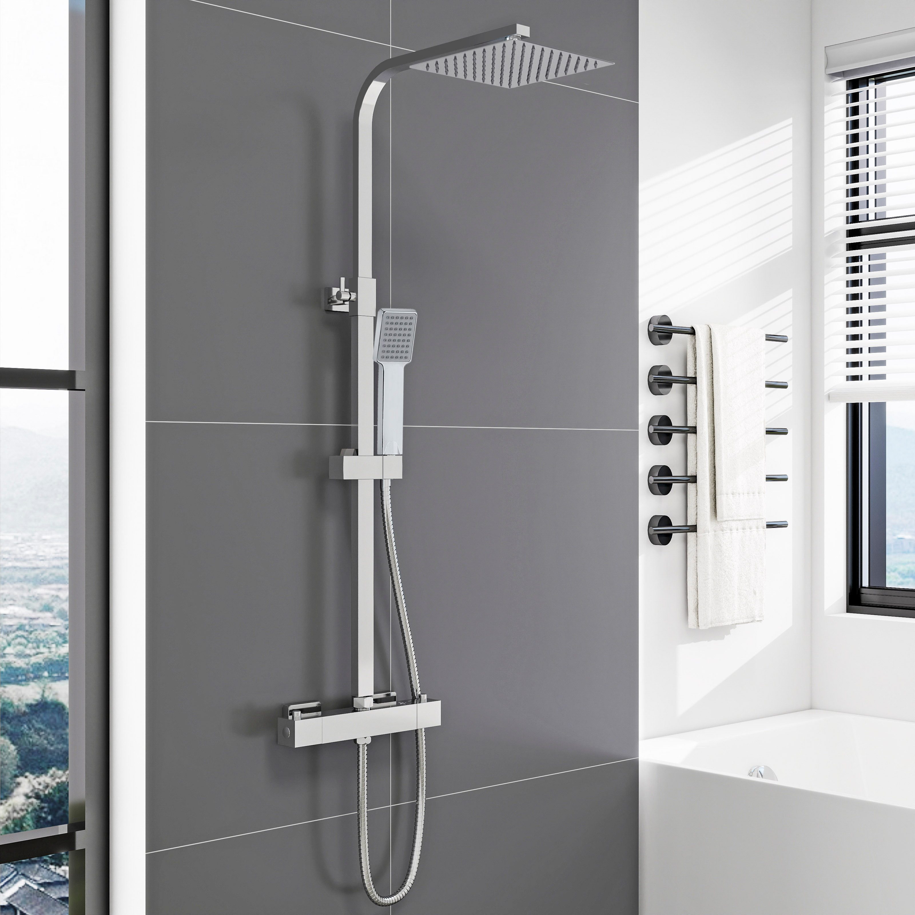 duschspa Duschsystem Duschset mit Thermostat 38℃ verstellbare Duschstange aus Edelstahl, 2 Strahlart(en), Regendusche mit quadratischem Duschkopf 20x20cm