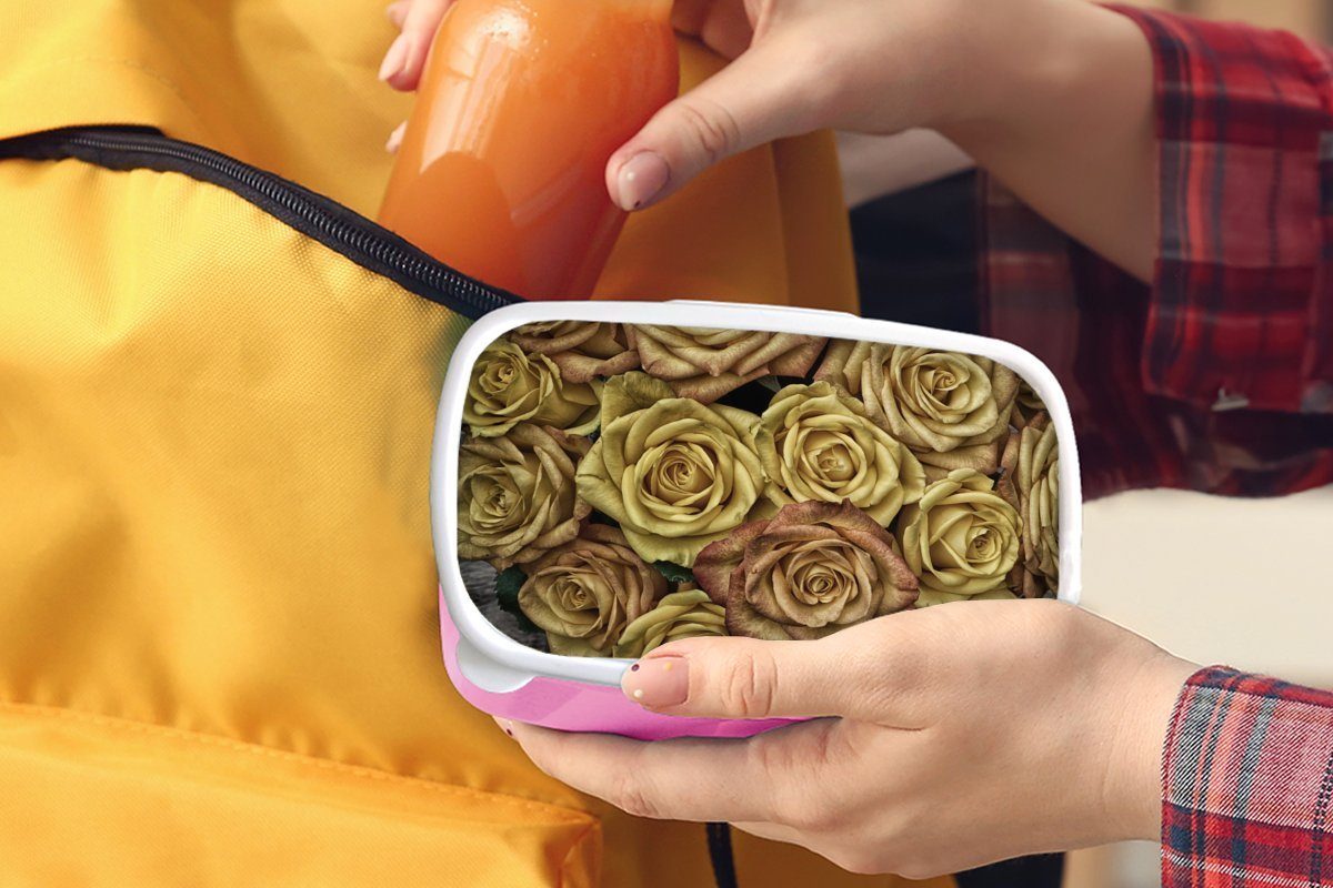 Erwachsene, (2-tlg), Mädchen, Brotbox Kinder, Brotdose MuchoWow Gold Kunststoff Blumenstrauß, rosa - Braun - - für Kunststoff, Lunchbox Snackbox, Rosen