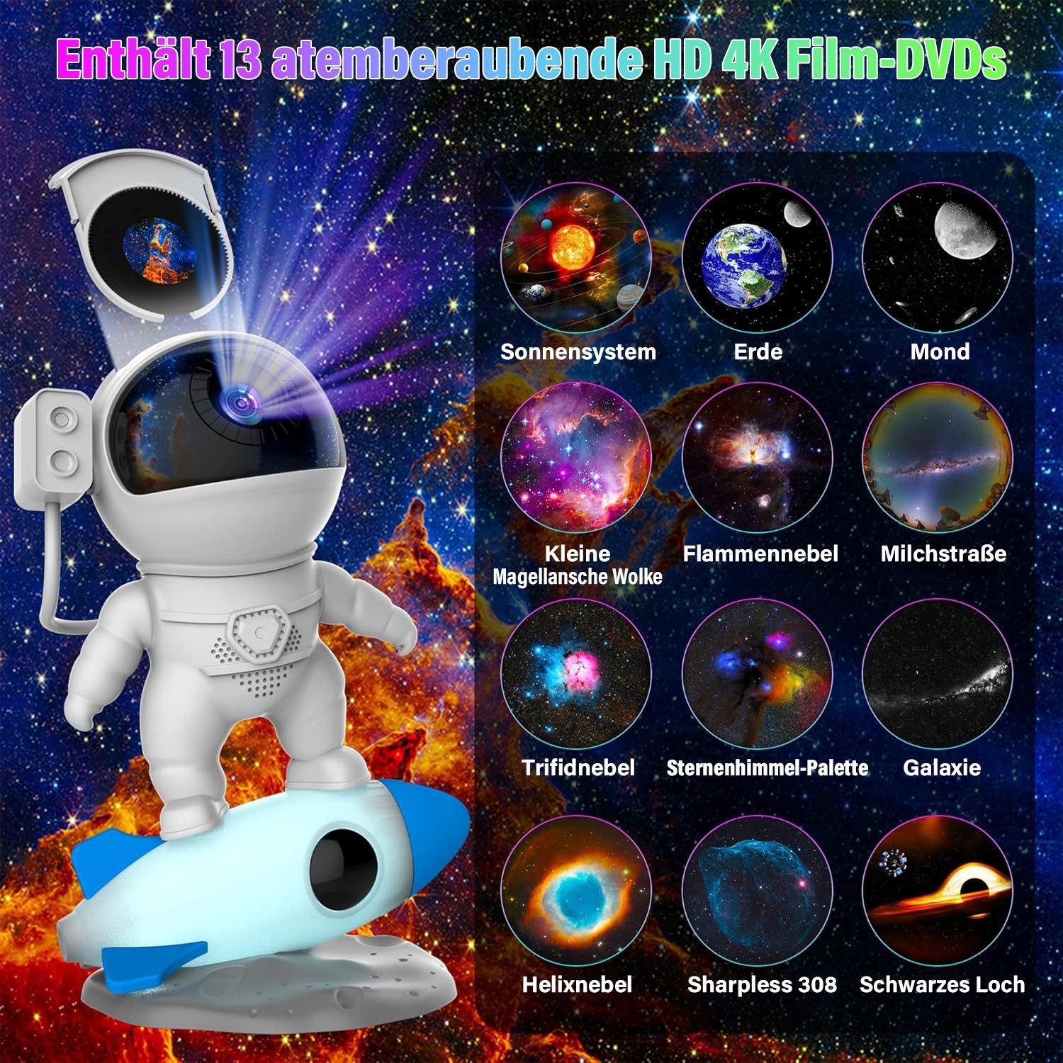 ANYSUN LED Nachtlicht Astronaut Sternenhimmel Projektor, Galaxie Projektor mit Nachtlicht, 360° drehbare Astronaut Projektor Kinder, Kaltweiß, Planetarium Projektor Lampe für Kinder Erwachsene mit 13 Planeten Disc