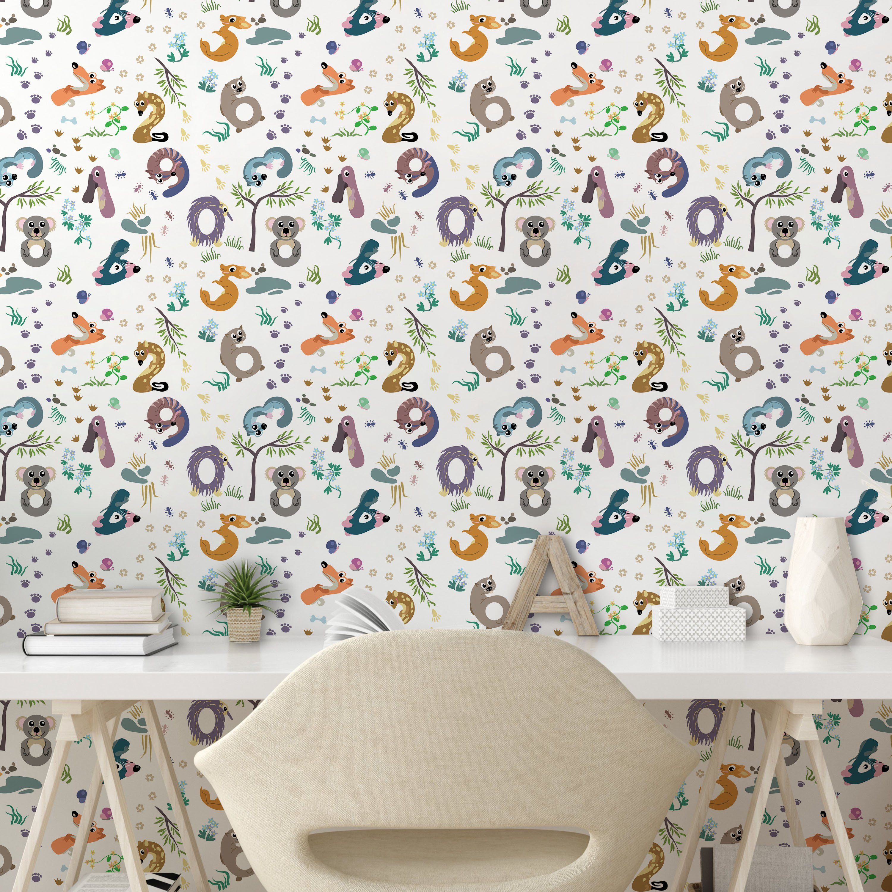 Abakuhaus Vinyltapete selbstklebendes Wohnzimmer Küchenakzent, Forming Wald Fun Zahlen Tiere