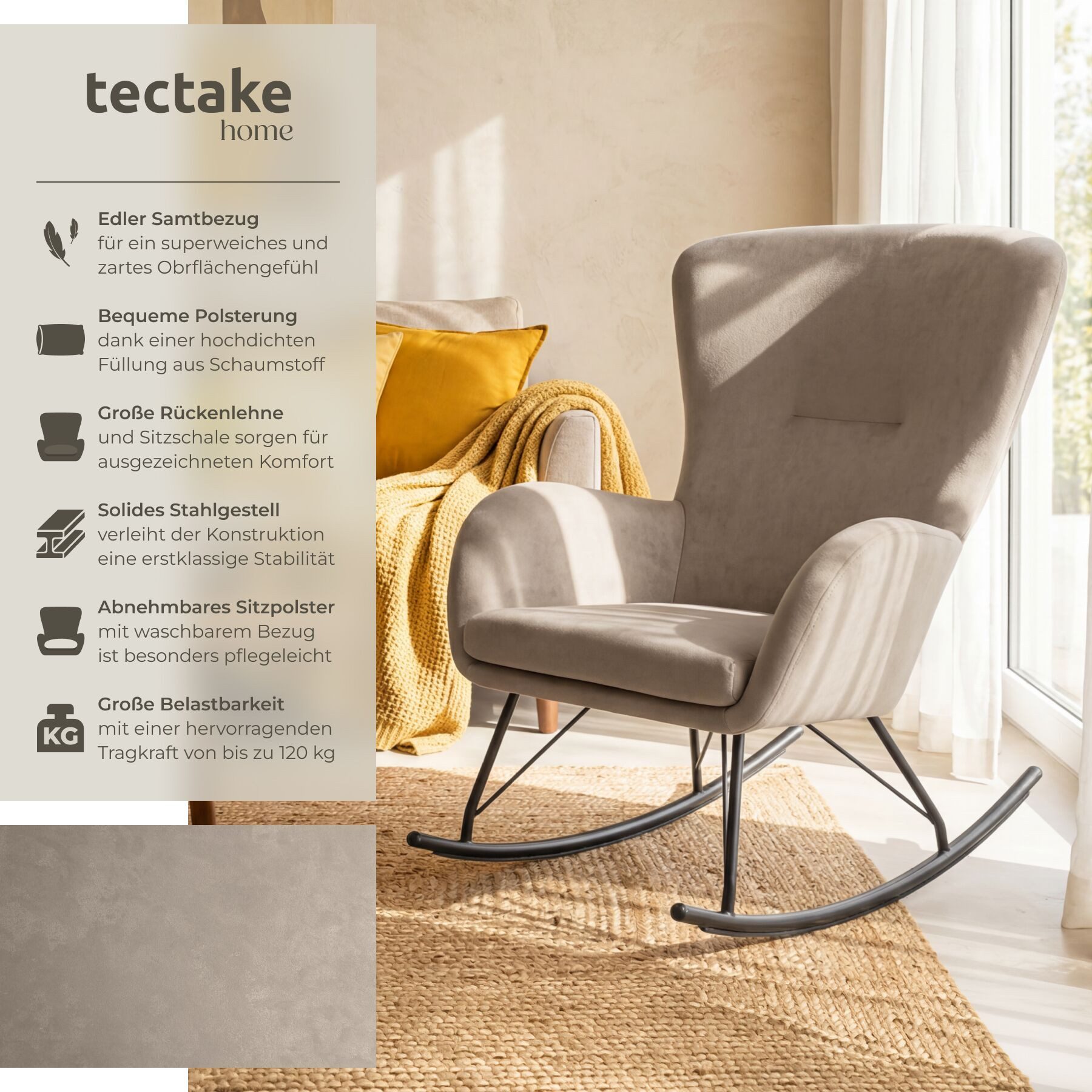 tectake Schaukelstuhl Relaxsessel Swing mit Stahlkufen und dicker Polsterung (Set, 1 St), Abnehmbares, extradickes Sitzpolster mit waschbarem Bezug
