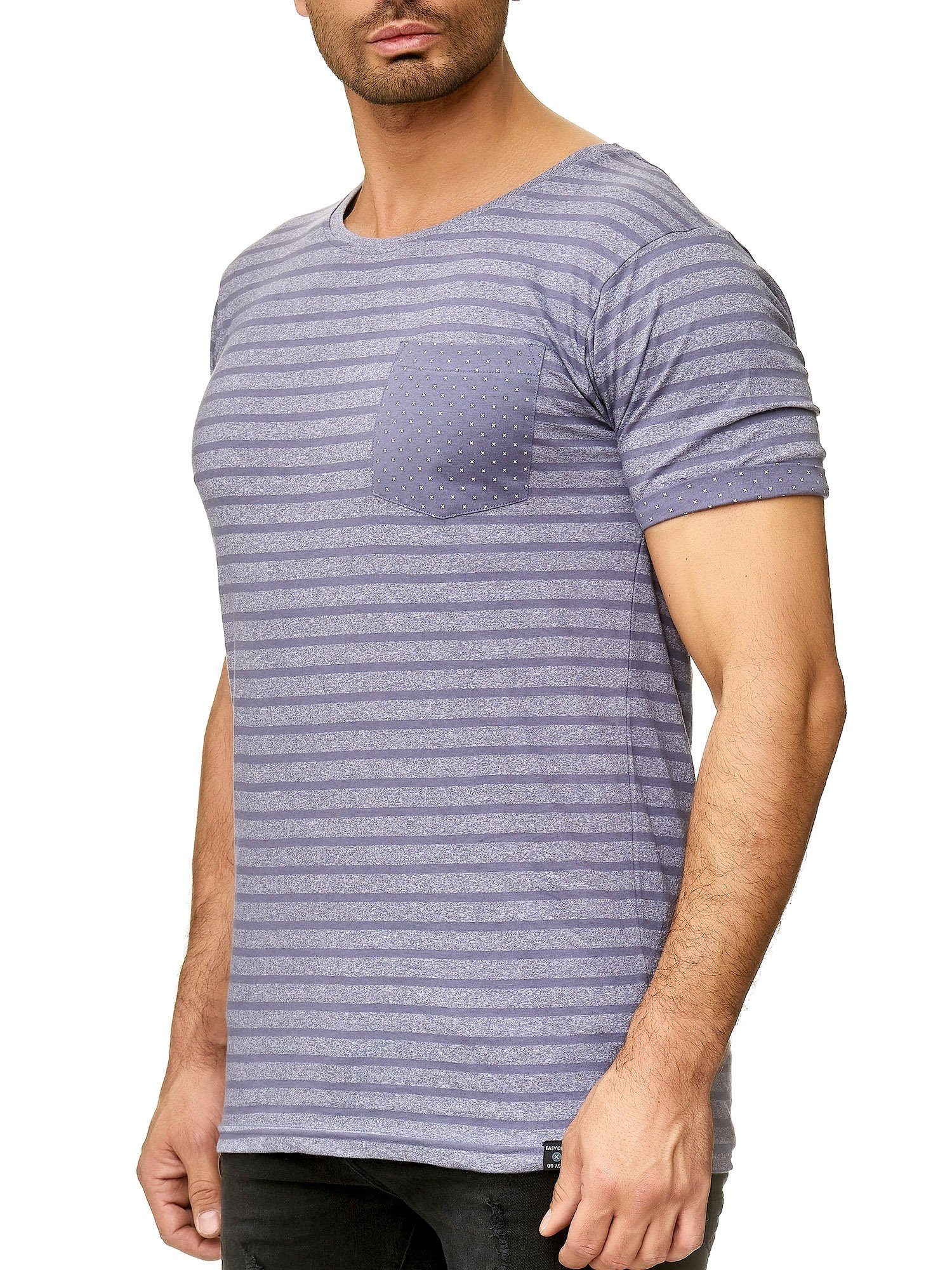 Brusttasche Shirt Urban in Art Blau (1-tlg) T-Shirt Rundhals Gestreift Modern 2682 T-Shirt Surface Meliert