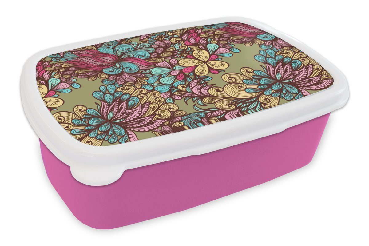 MuchoWow Lunchbox Muster - Blätter - Abstrakt, Kunststoff, (2-tlg), Brotbox für Erwachsene, Brotdose Kinder, Snackbox, Mädchen, Kunststoff rosa