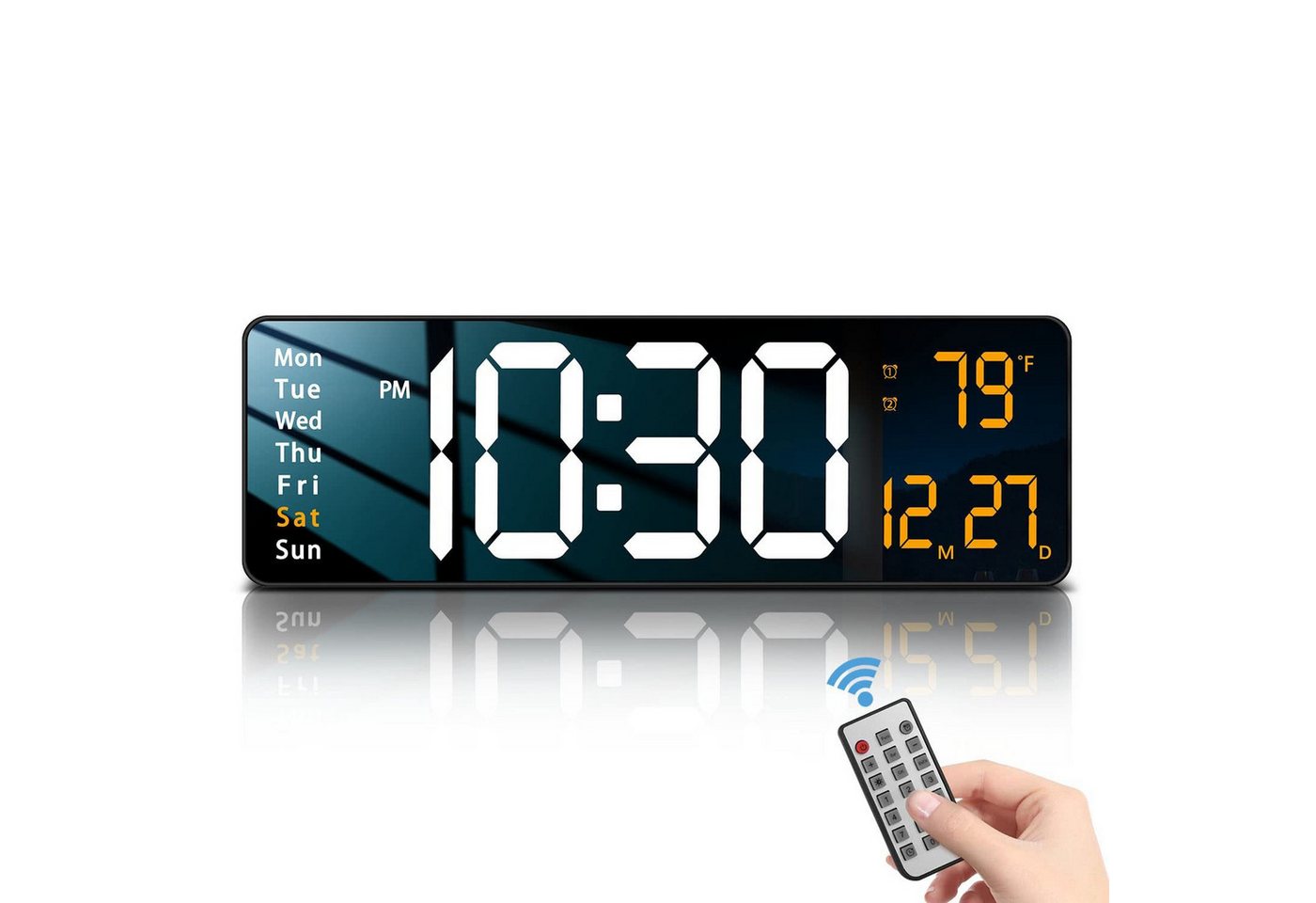 Ophy Wanduhr Moderne digitale Wanduhr (40,6 cm) mit Fernbedienung (LED-Display, 2 Wecker, Auto-Dimming, Kalender, 12/24h, leise)
