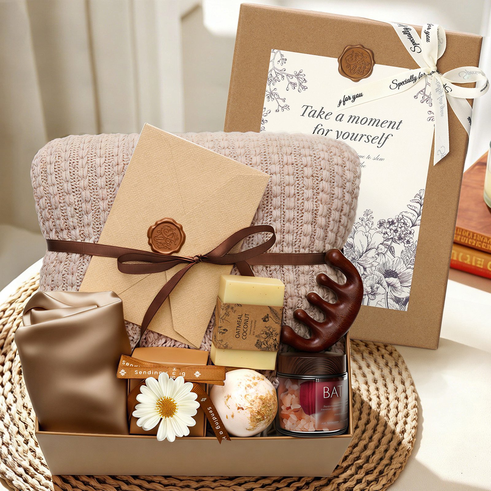 Insma Pflege-Geschenkset 9tlg Spa Geschenkset Luxus Beauty-Geschenkbox für Frauen, mit Strickdecke 130×170cm, Massagekamm, Schlafhaube, Seife, Badebombe, ideal zum Geburtstag, Valentinstag & Muttertag