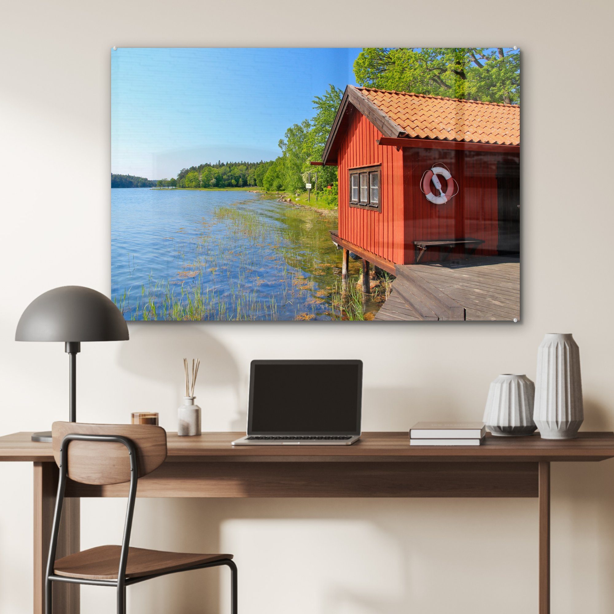 MuchoWow Acrylglasbild Wohnzimmer an ruhigen & Holzhaus Ängsö-Nationalpark, Acrylglasbilder im einem Schweden, See St), Schlafzimmer (1