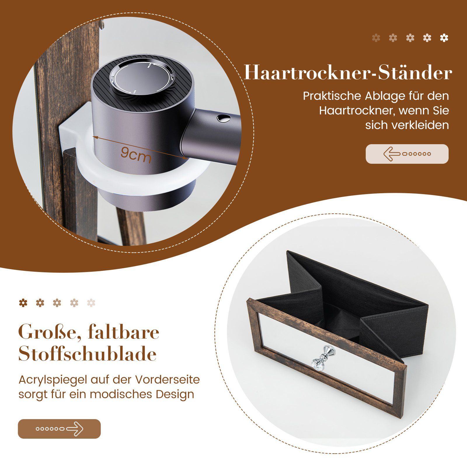 COSTWAY Schmuckschrank mit Spiegel, LED & 3 Ablagen, drehbar & abschließbar