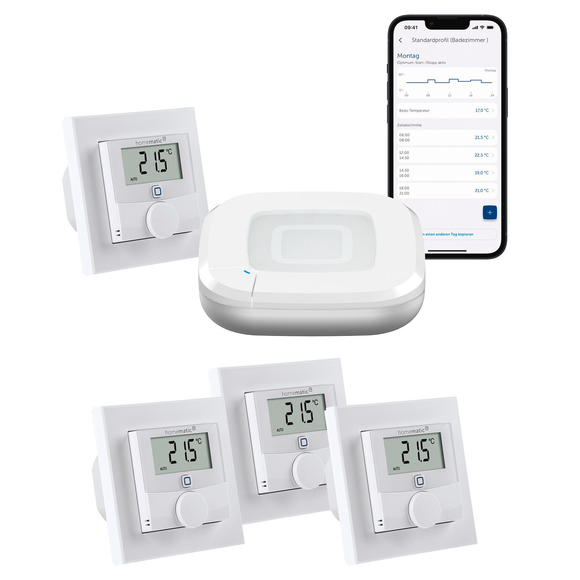 Homematic IP Fußbodenheizung für 4 Räume Smart-Home Starter-Set, inkl. HAP & 4 Wandthermostaten mit Schaltausgang (230V)
