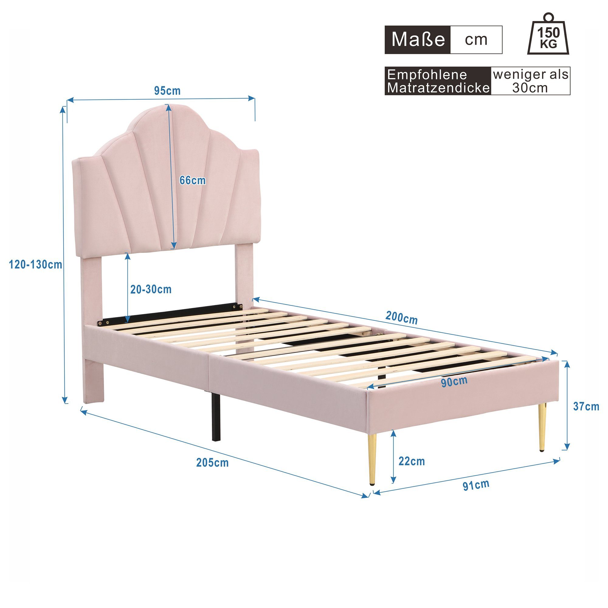 Polsterbett (Einzelbett 90x200 cm mit Polsterbank, ohne Matratze), mit höhenverstellbarem Muschel-Form-Kopfteil und Lattenrost, Samt