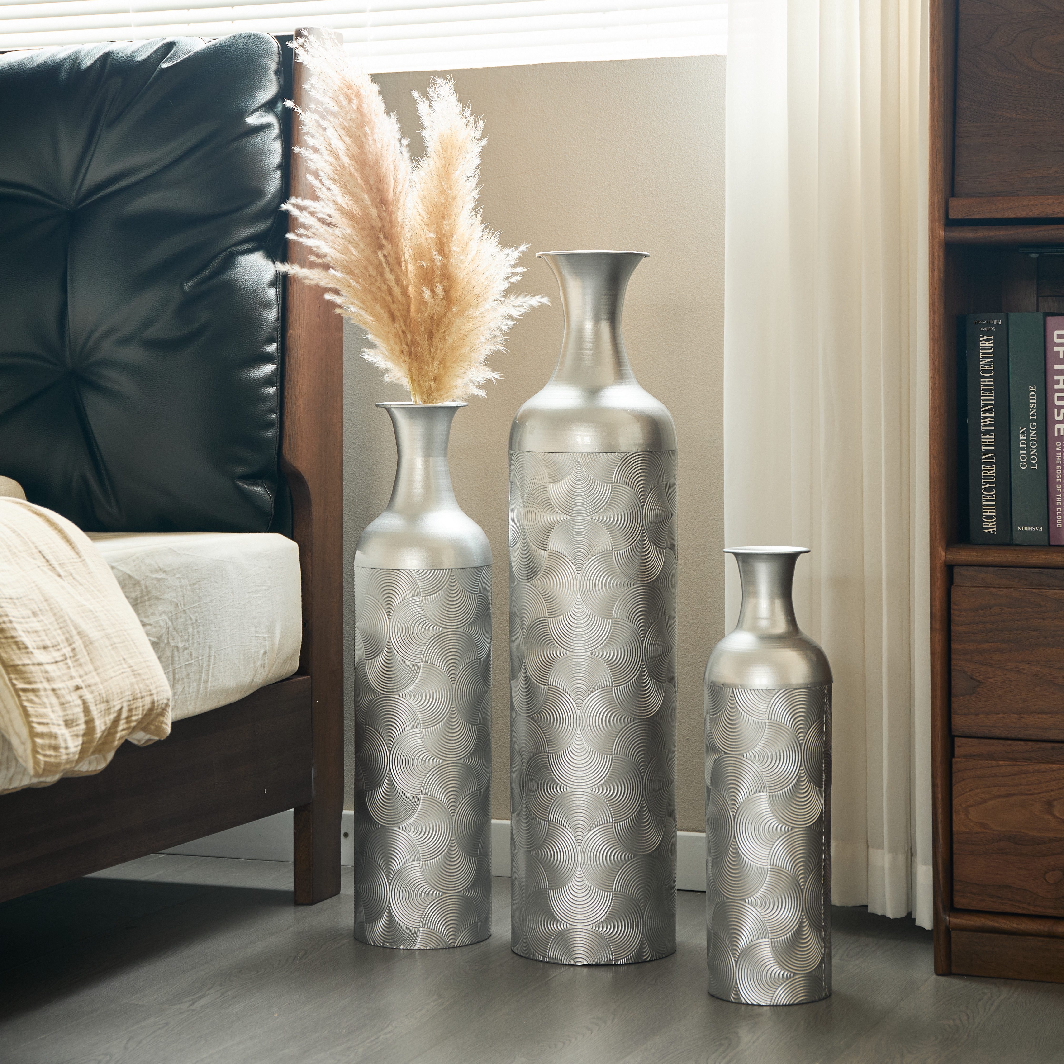HAUSS SPOLE Bodenvase 3-tlg Metallvasen Dekovasen mit Wellenmuster,Standvasen in Silber (Geeignet für Wohnzimmer, Flure und Hotels)