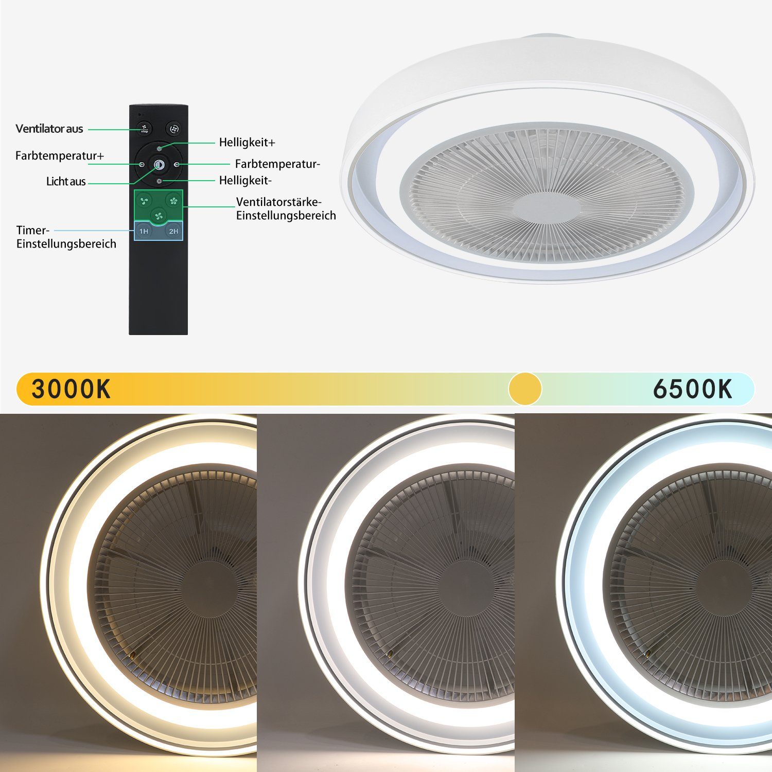 Fernbedienung, Flimmerfrei Deckenventilator Energieeinsparung, Leise Leise, Deckenlampe ZMH Modern 5 Dimmbar, Blau Flügeln,