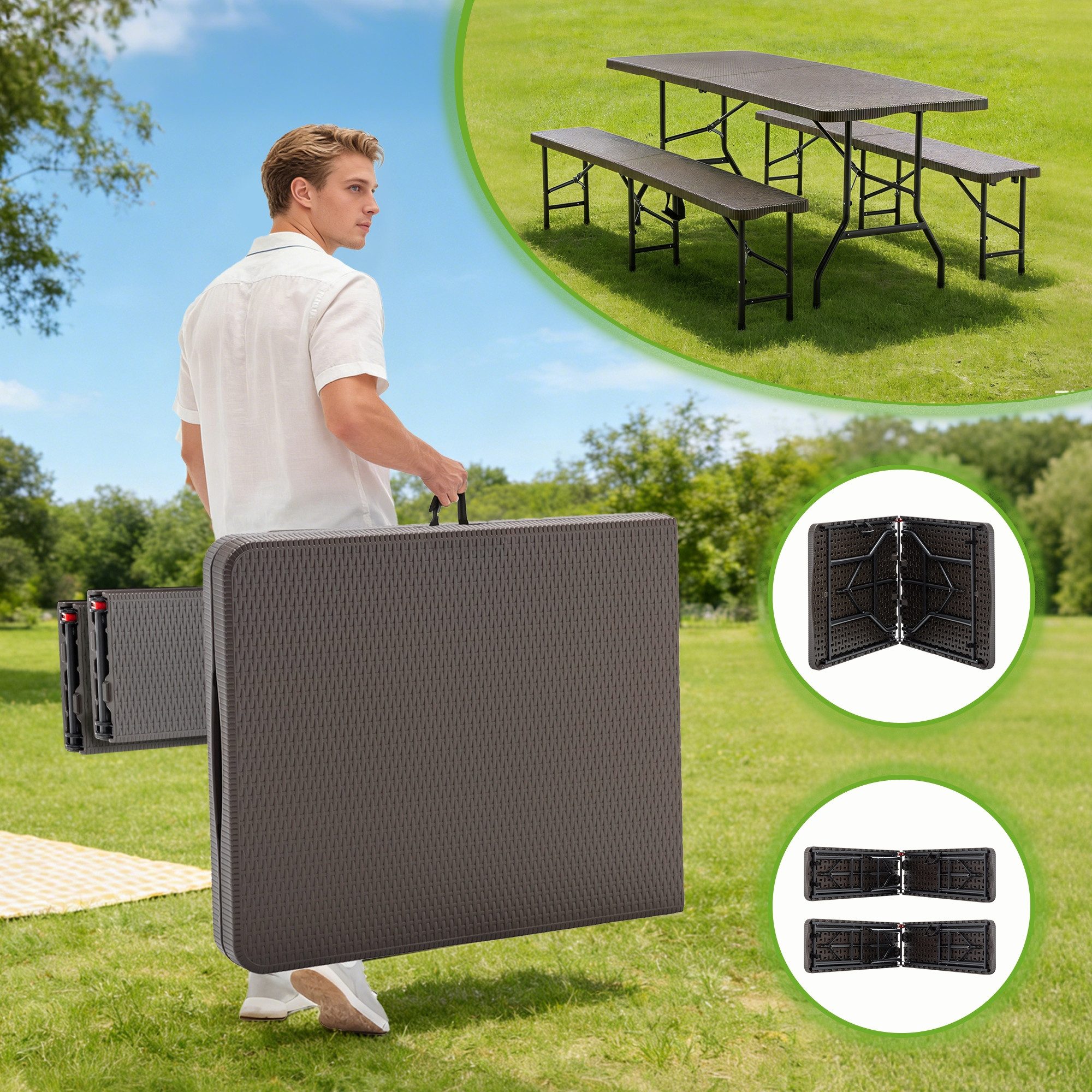 BlingBin Bierzeltgarnitur 3-teiliges Gartenmöbel Set Klappbarer Picknicktisch mit 2 Bänken, (1er Set, 3-tlg., 3tlg), Balkonmöbel, Garten oder Terrassentisch Set, mit Tragegriffen