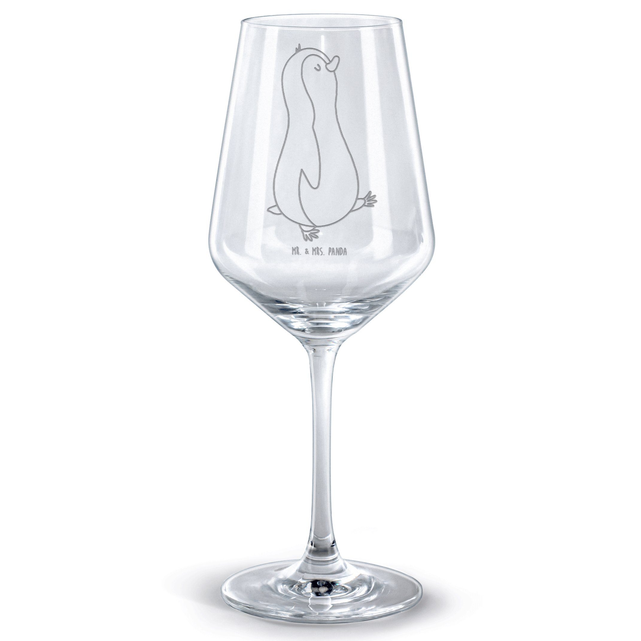 Mr. & Mrs. Panda Rotweinglas Pinguin marschieren - Transparent - Geschenk, spazieren, Weinglas mit, Premium Glas, Stilvolle Gravur