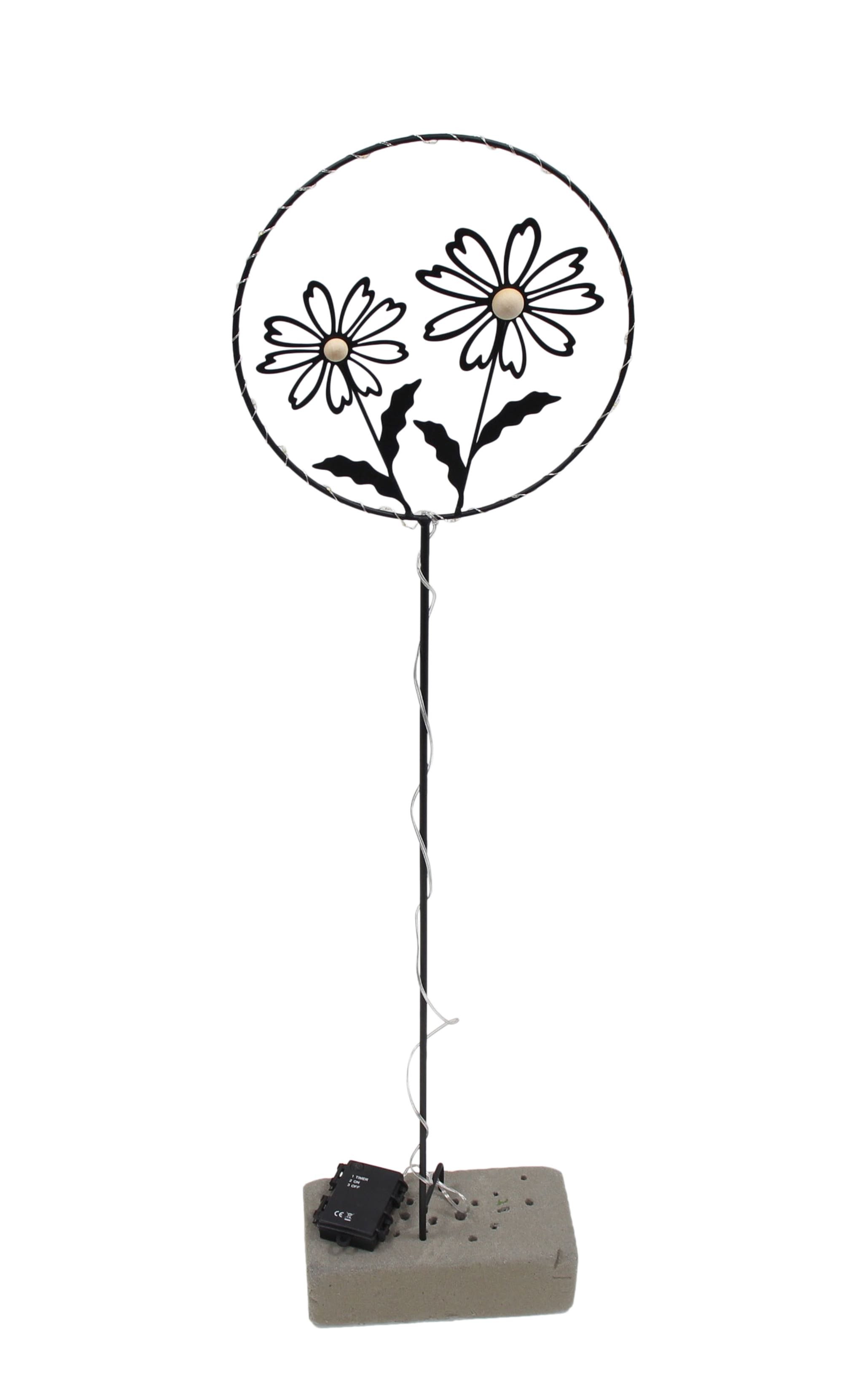Frank Flechtwaren Gartenstecker "Blumen" Metall schwarz, Blumenstecker mit LED Beleuchtung, Gartendeko für Draußen, wetterfest, 100 cm hoch
