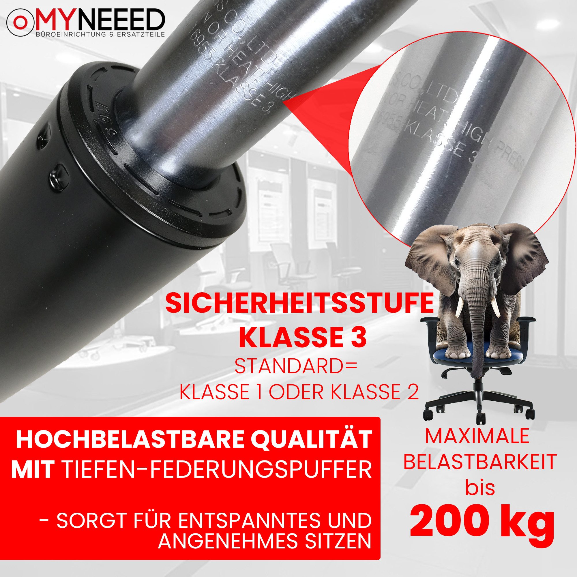 MYNEEED Bürostuhl Gasdruckfeder - Gasdruckdämpfer für Drehstuhl, Chefsessel, Hocker, Belastbarkeit bis 200kg